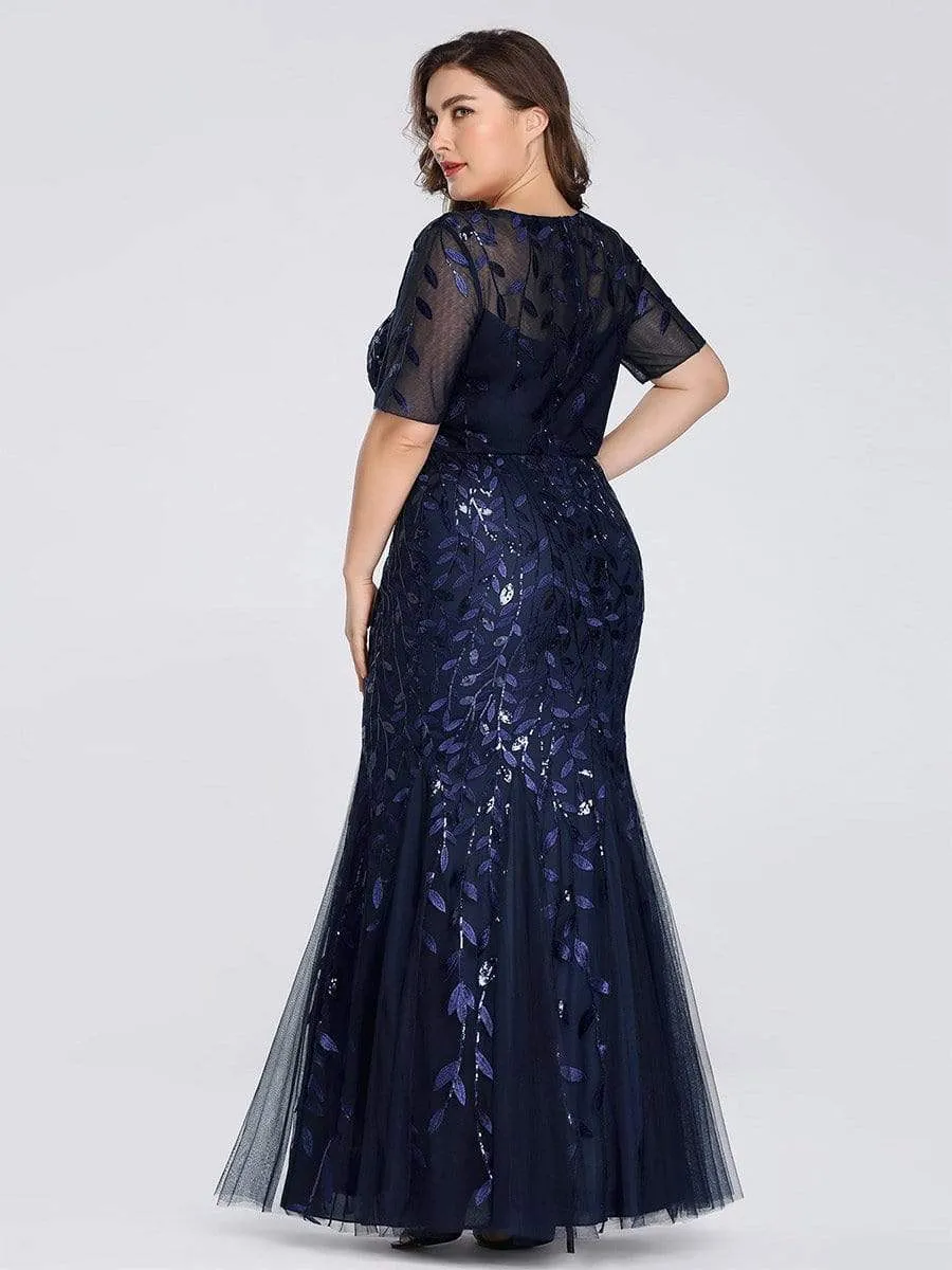 Floral Sequin Maxi Fishtail Tulle Prom Dress with Half Sleeve