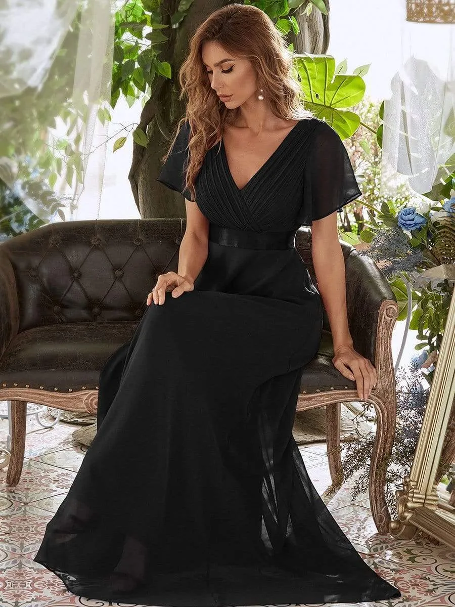 Flutter Sleeves Empire Waist Long Chiffon Evening Dress