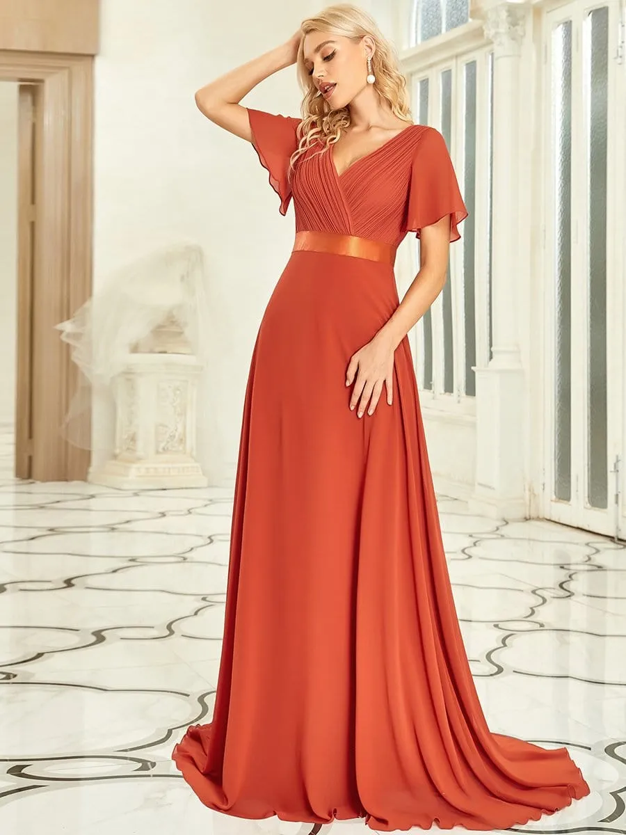 Flutter Sleeves Empire Waist Long Chiffon Evening Dress