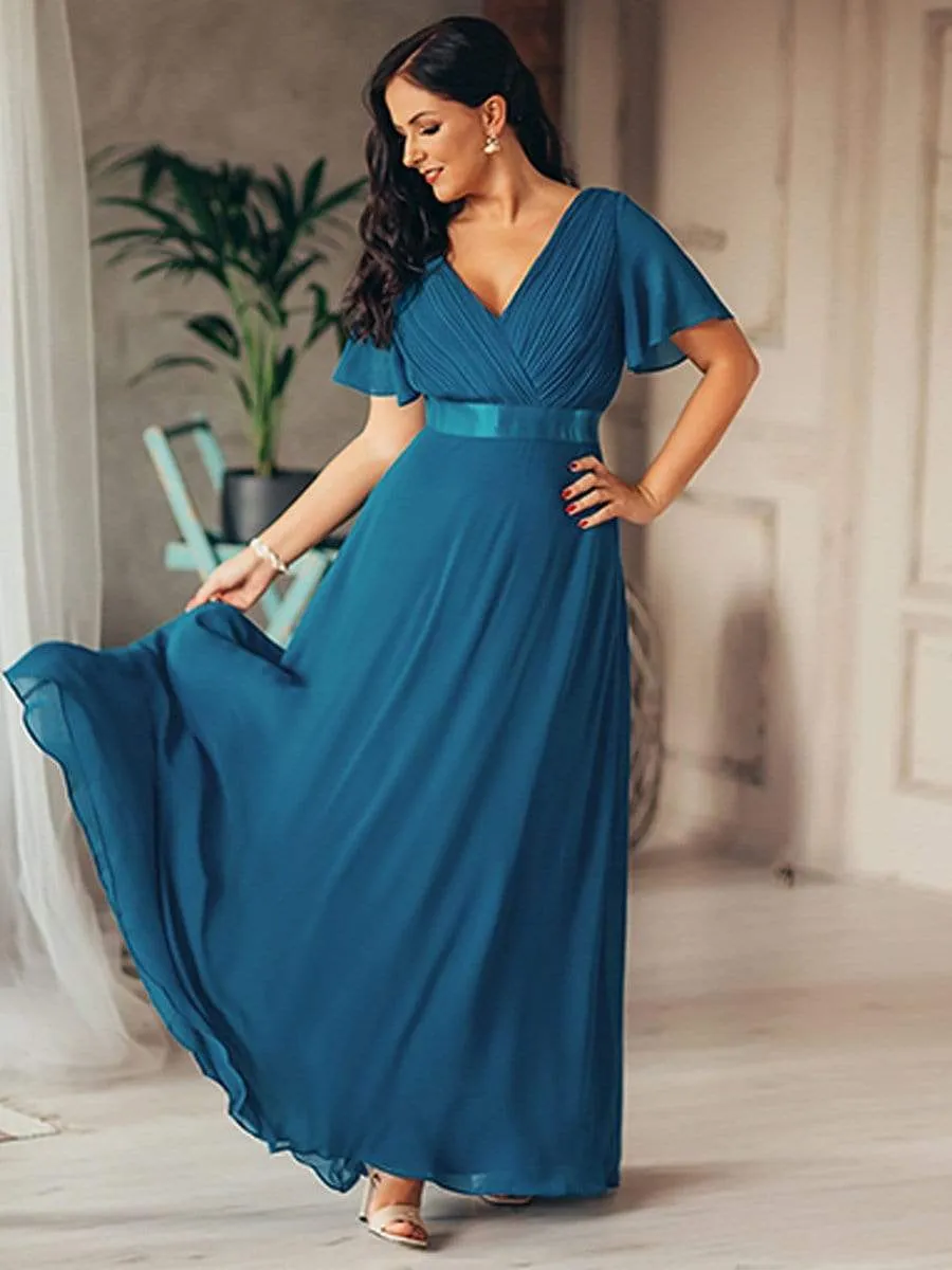 Flutter Sleeves Empire Waist Long Chiffon Evening Dress