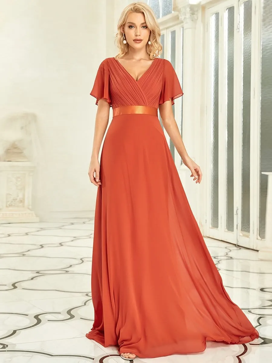 Flutter Sleeves Empire Waist Long Chiffon Evening Dress