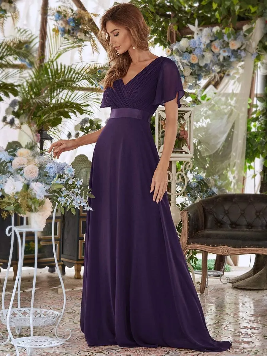 Flutter Sleeves Empire Waist Long Chiffon Evening Dress