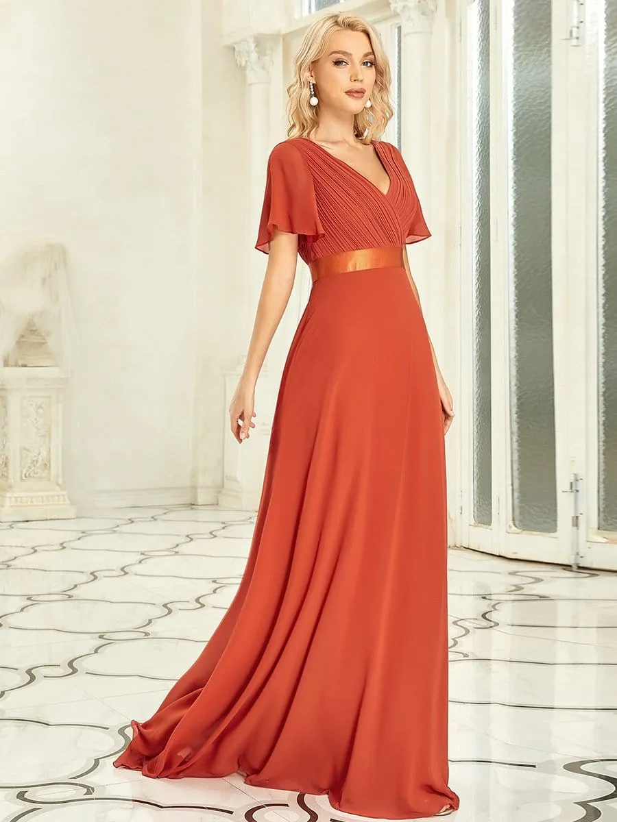 Flutter Sleeves Empire Waist Long Chiffon Evening Dress