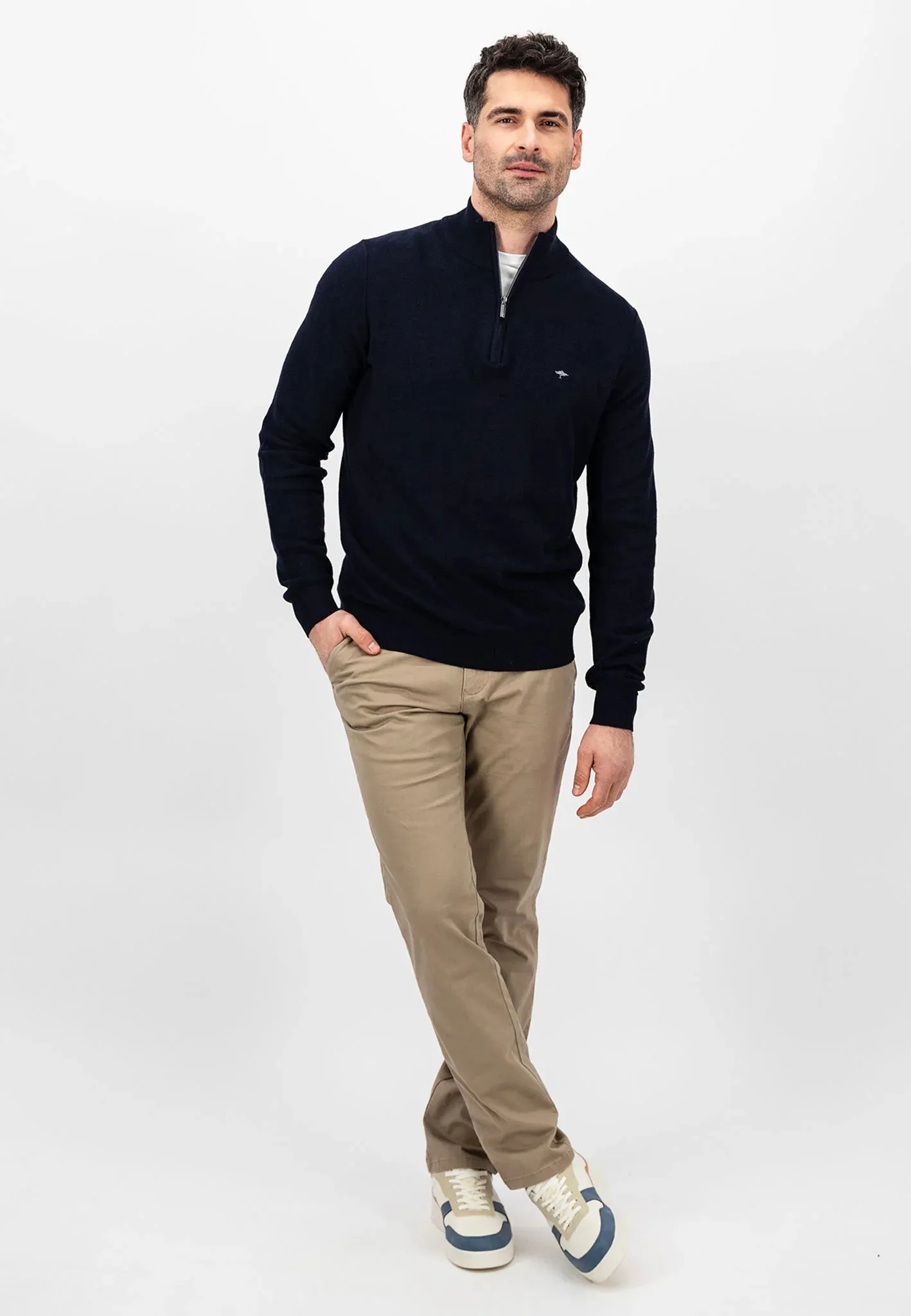 FYNCH HATTON Troyer 1/4 Zip Soft Cotton Knit - Men's – Navy