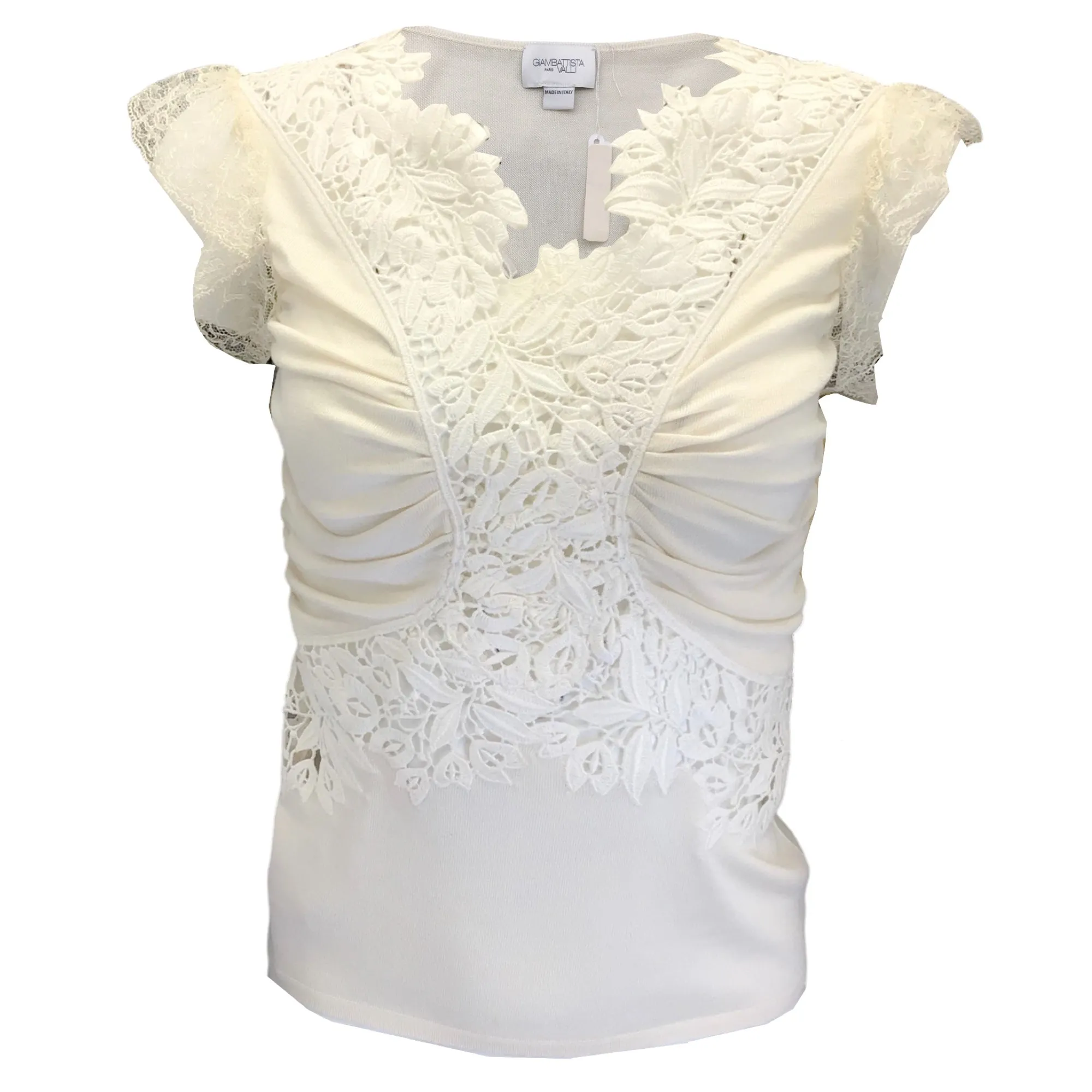 Giambattista Valli Ivory Lace Detail Silk Knit Top