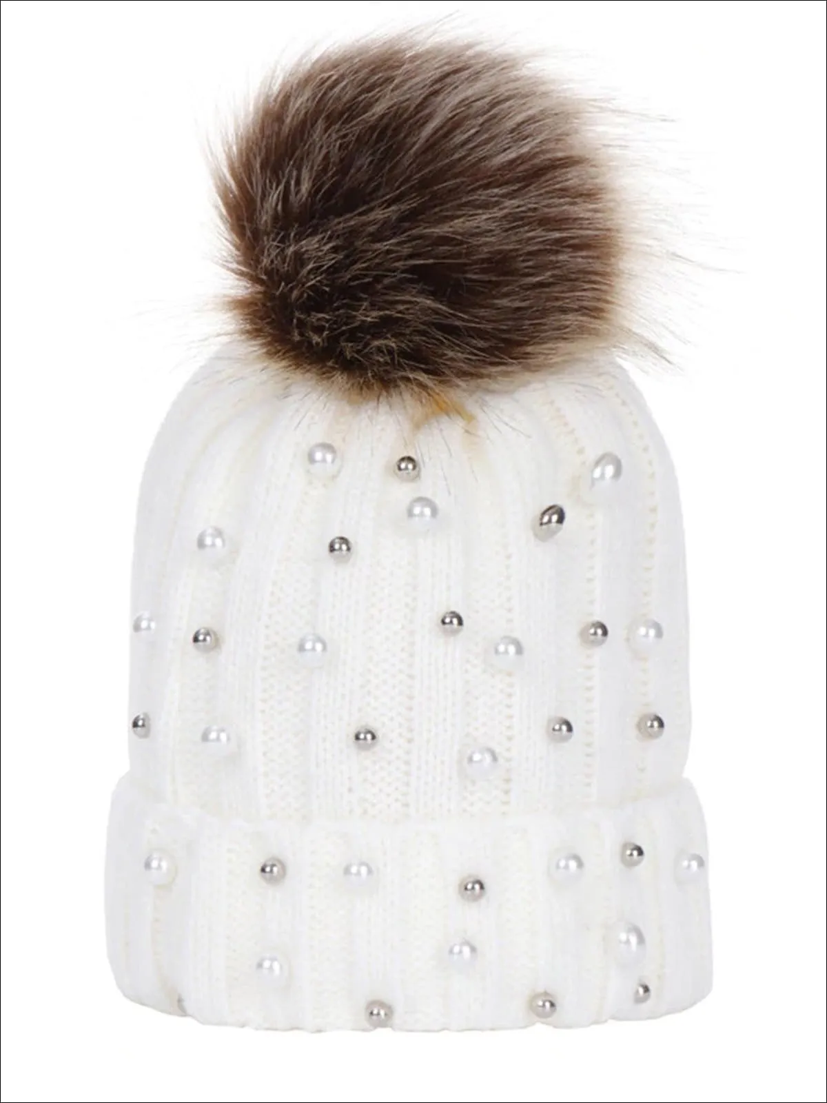 Girls Cable Knit Pearl Embellished Winter Beanie