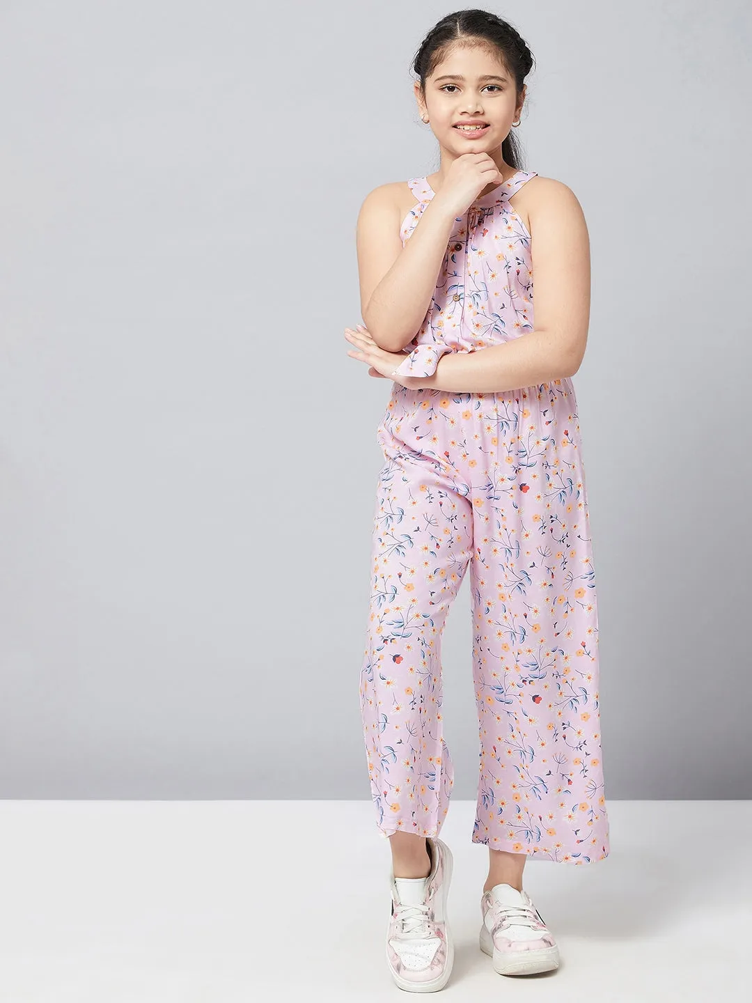 Girl's Printed Jumpsuit Pink - StyloBug KIDS