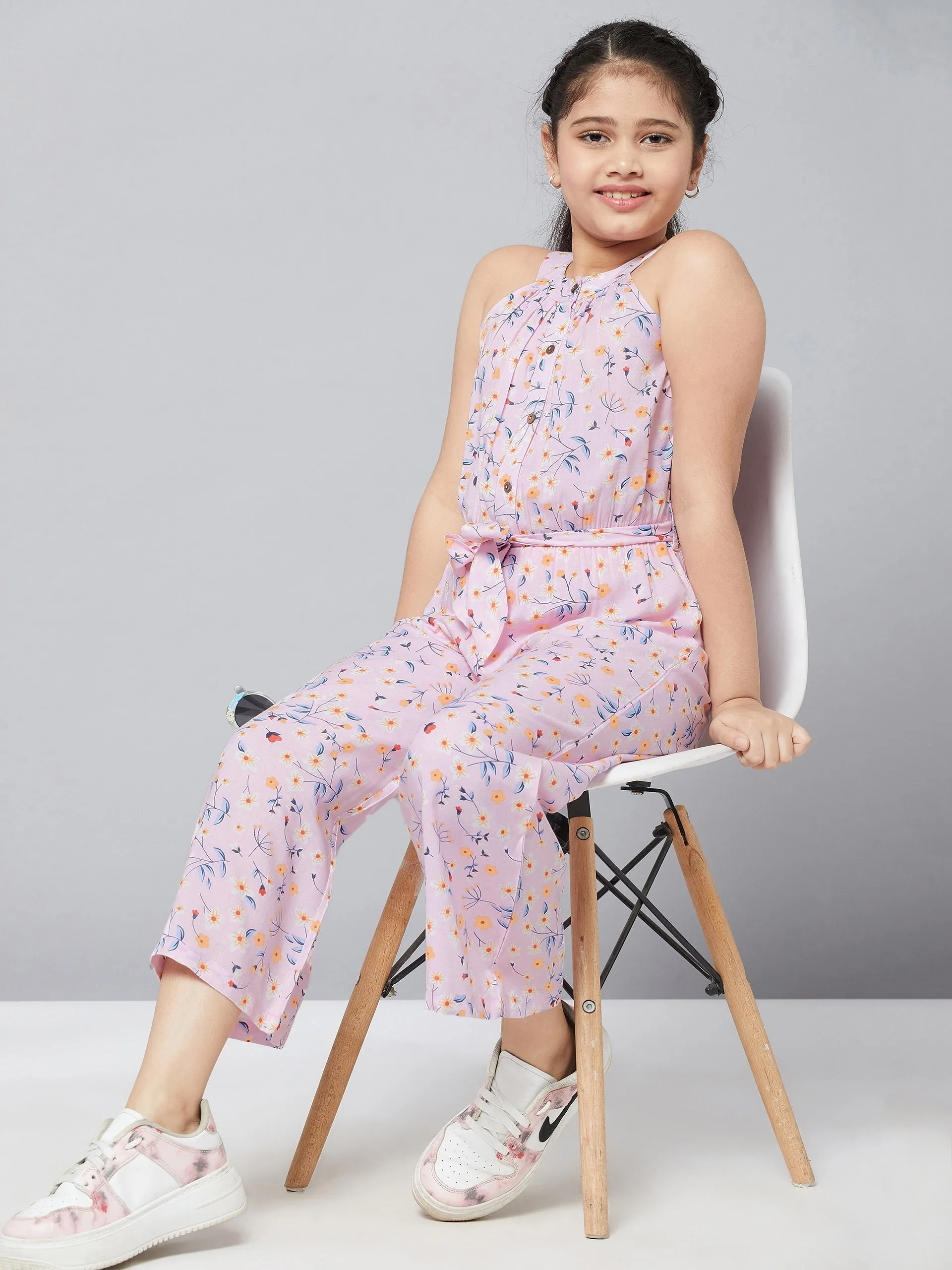 Girl's Printed Jumpsuit Pink - StyloBug KIDS