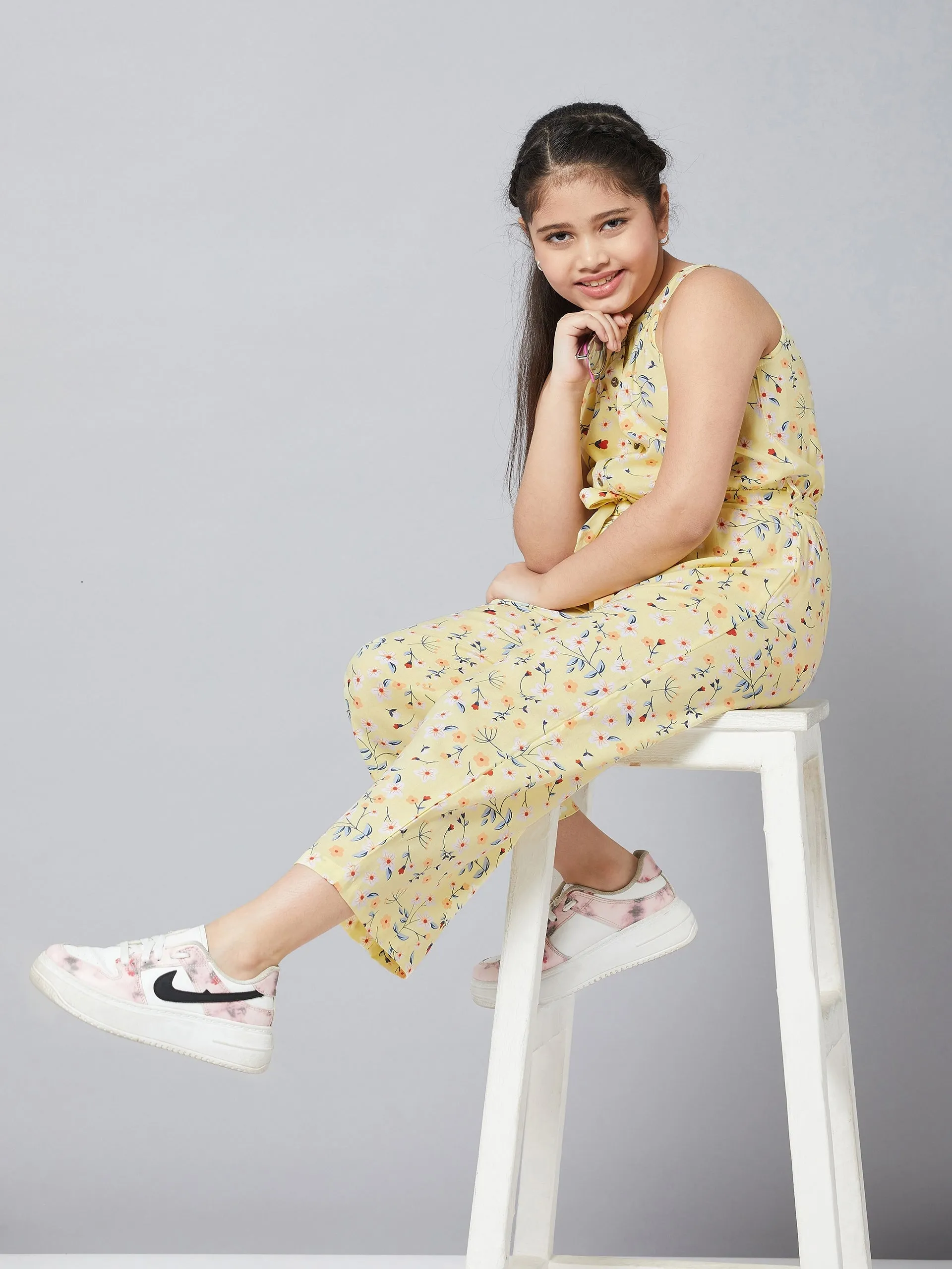 Girl's Printed Jumpsuit Yellow - StyloBug KIDS