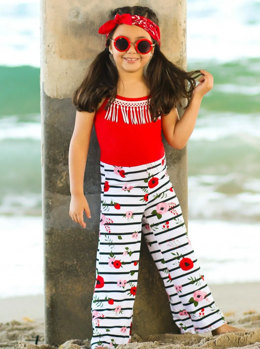 Girls Red Striped Floral Adjustable Spaghetti Strap Palazzo Jumpsuit with Crochet Fringe Collar