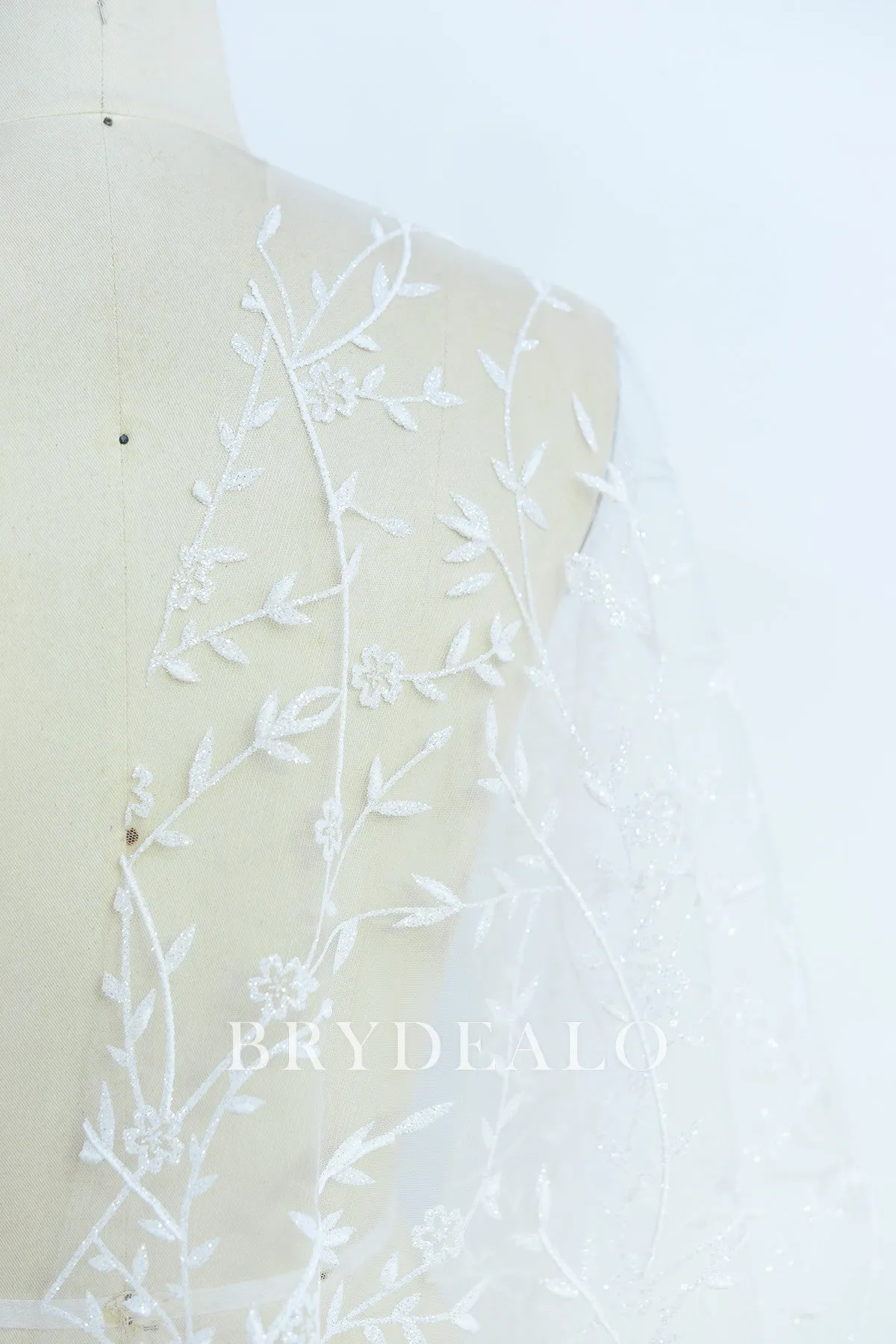 Glittery Leaf Motif Bridal Lace Fabric for Designer Dresses