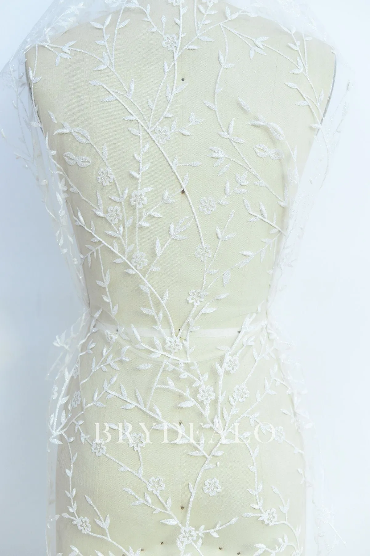 Glittery Leaf Motif Bridal Lace Fabric for Designer Dresses