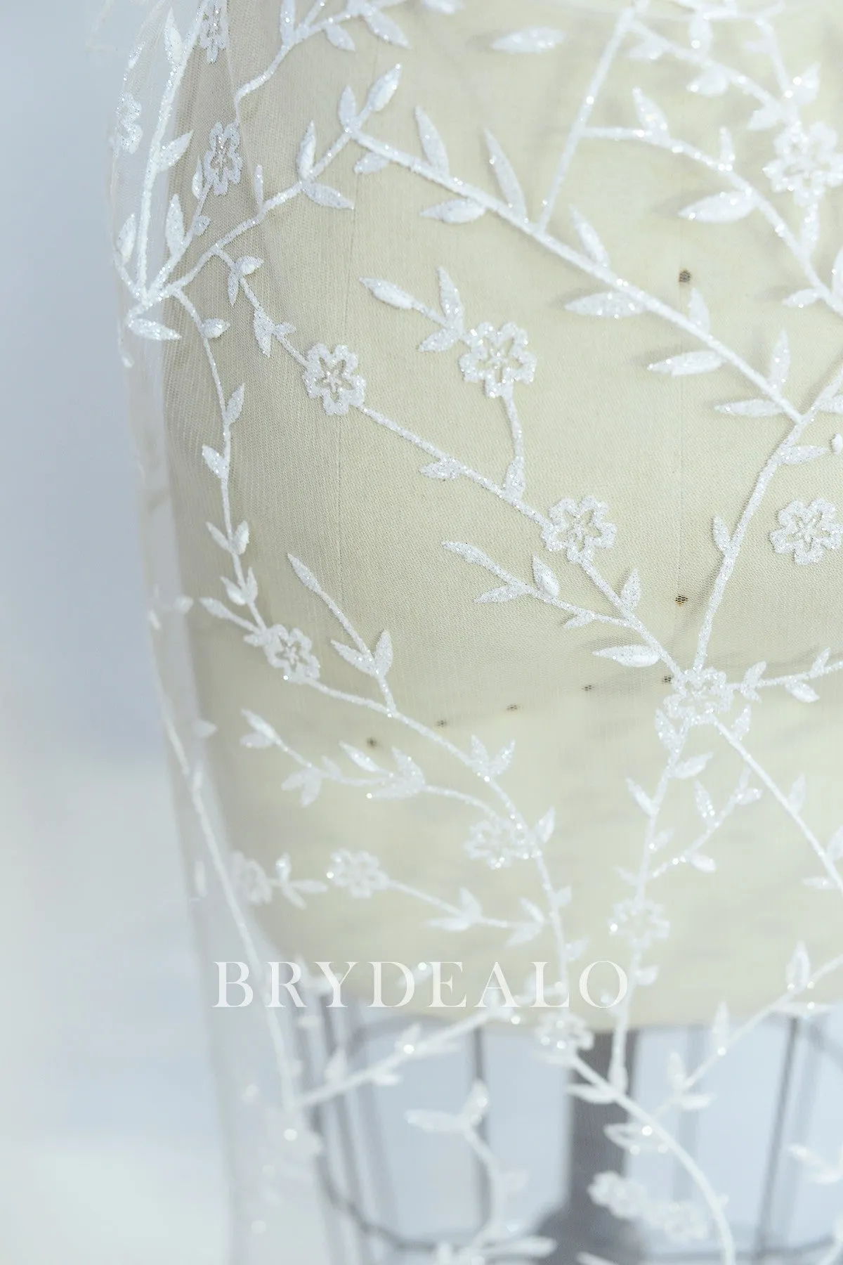 Glittery Leaf Motif Bridal Lace Fabric for Designer Dresses