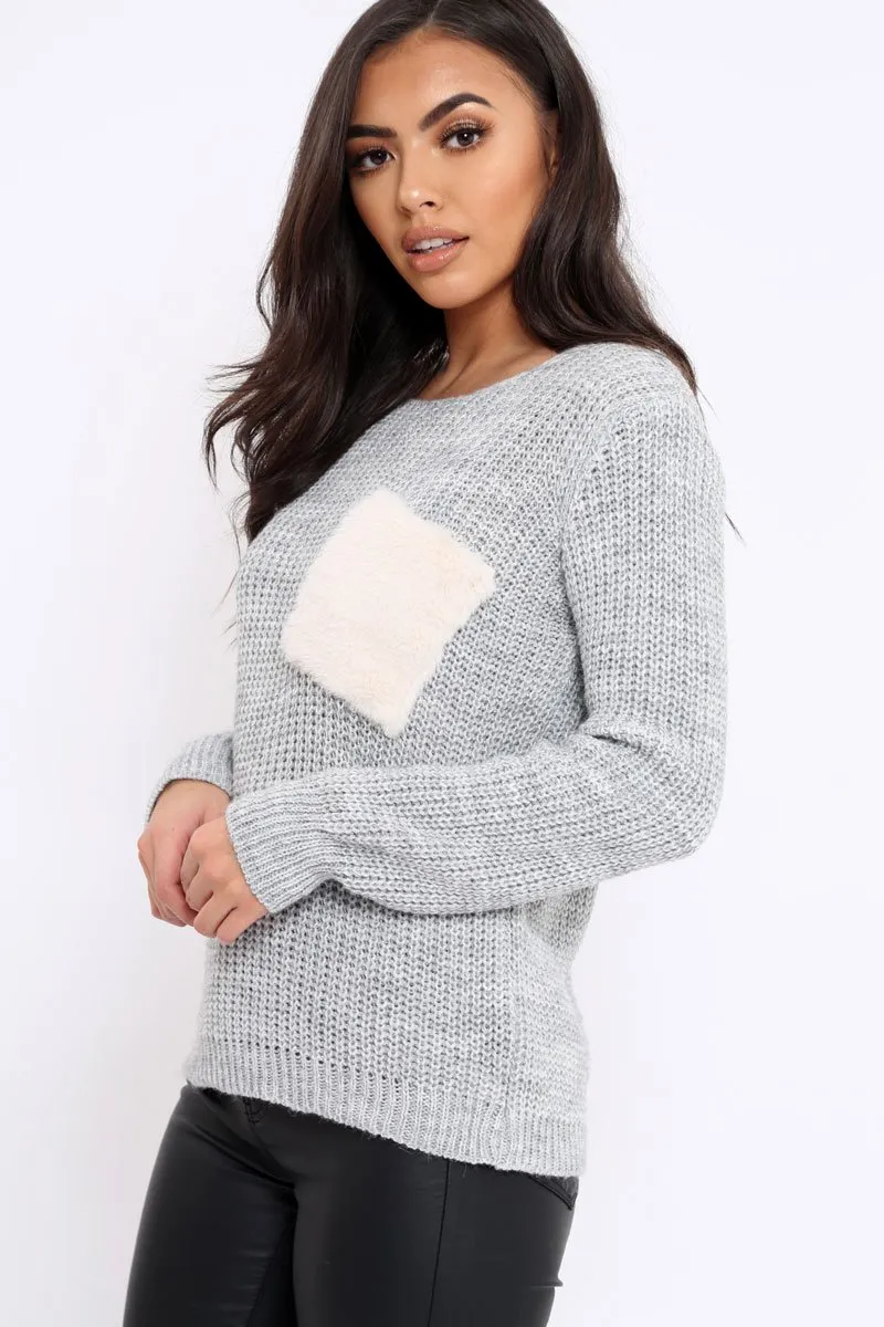 Grey Chunky Knit Fur Pocket Jumper - Alois