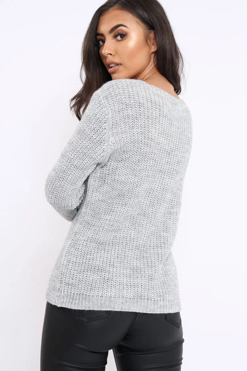 Grey Chunky Knit Fur Pocket Jumper - Alois