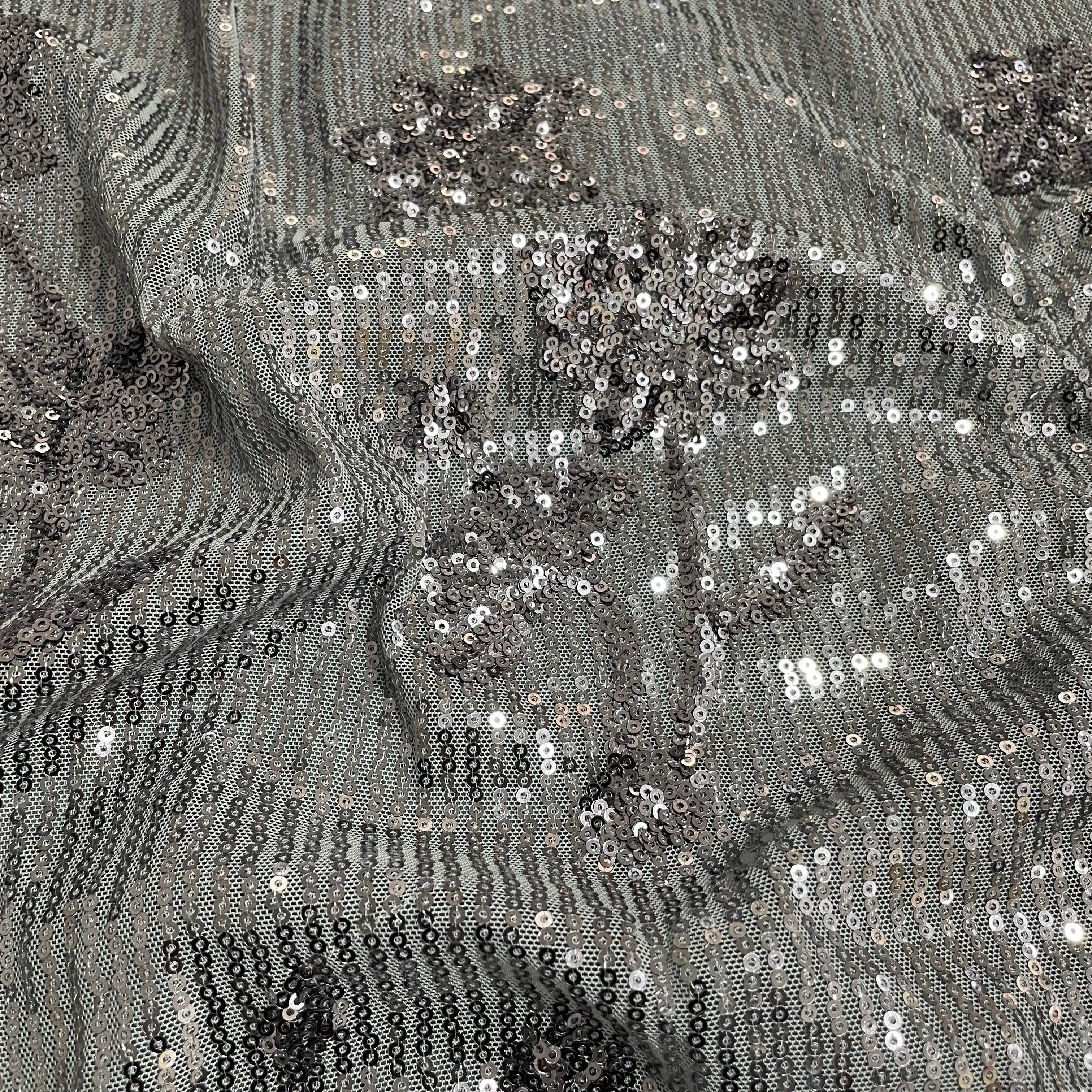 Grey Floral Imported Sequins Embroidery Net Fabric