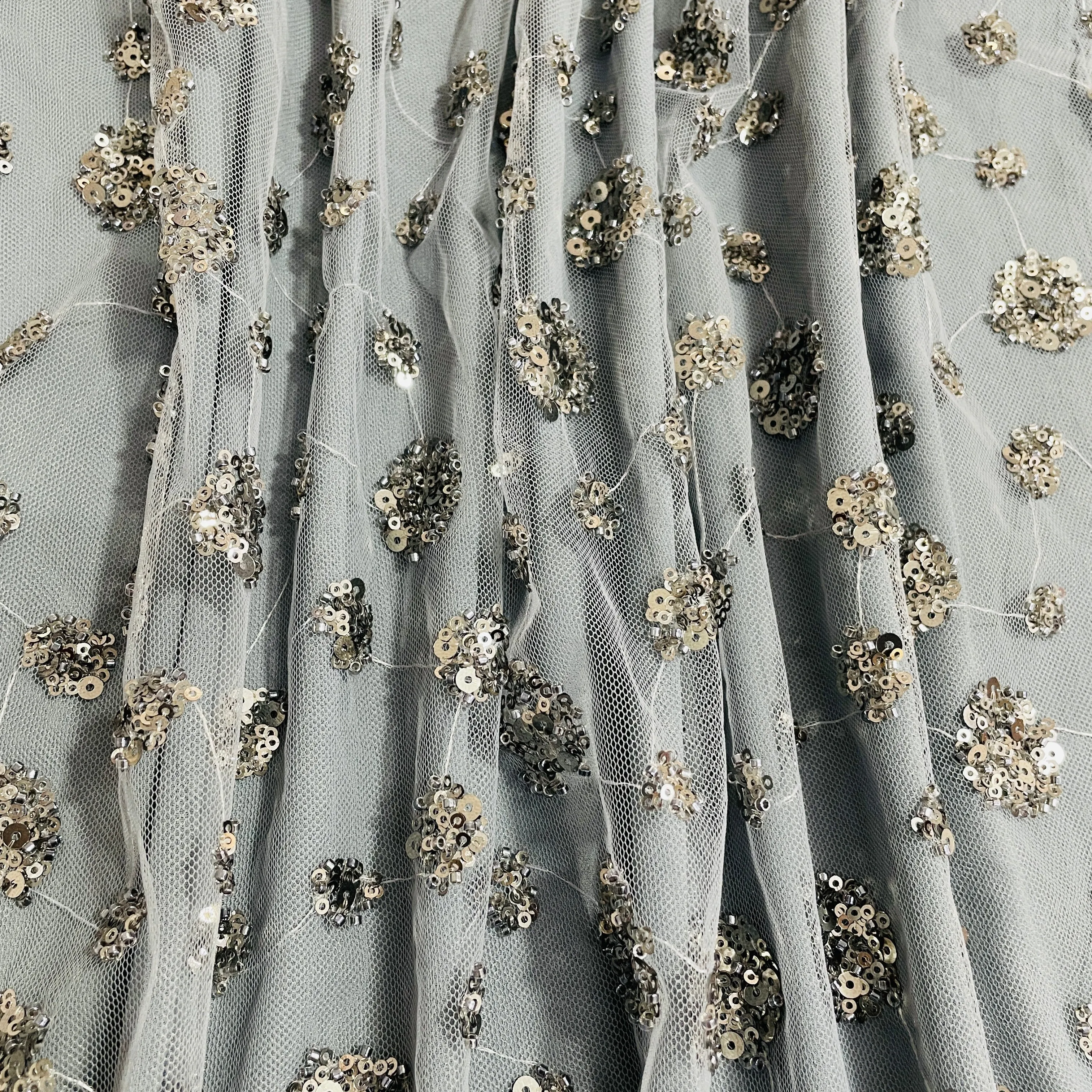 Grey Floral Sequins Embroidery Net Imported Fabric