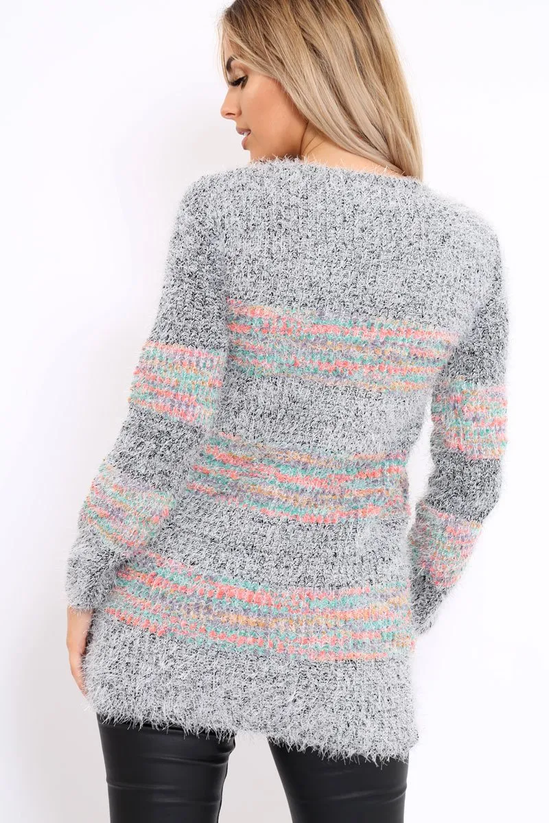 Grey Fur Knit Jumper with colourful stripe detail - Anabella