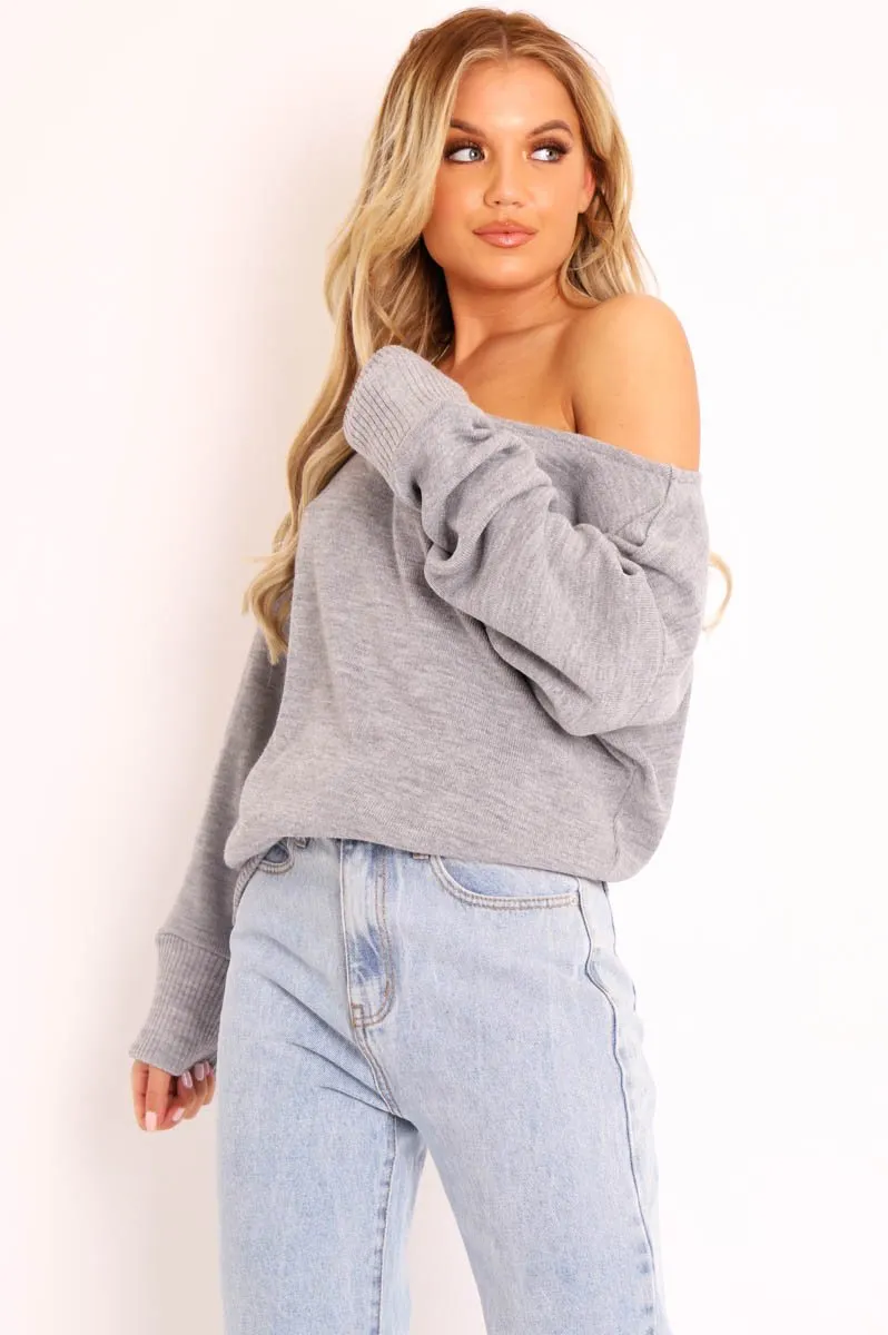 Grey Off Shoulder Knit Jumper - Brithany