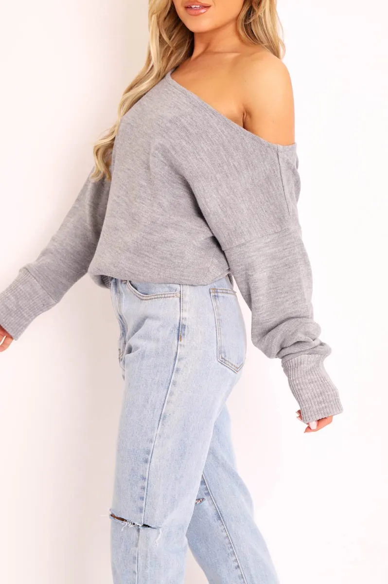 Grey Off Shoulder Knit Jumper - Brithany