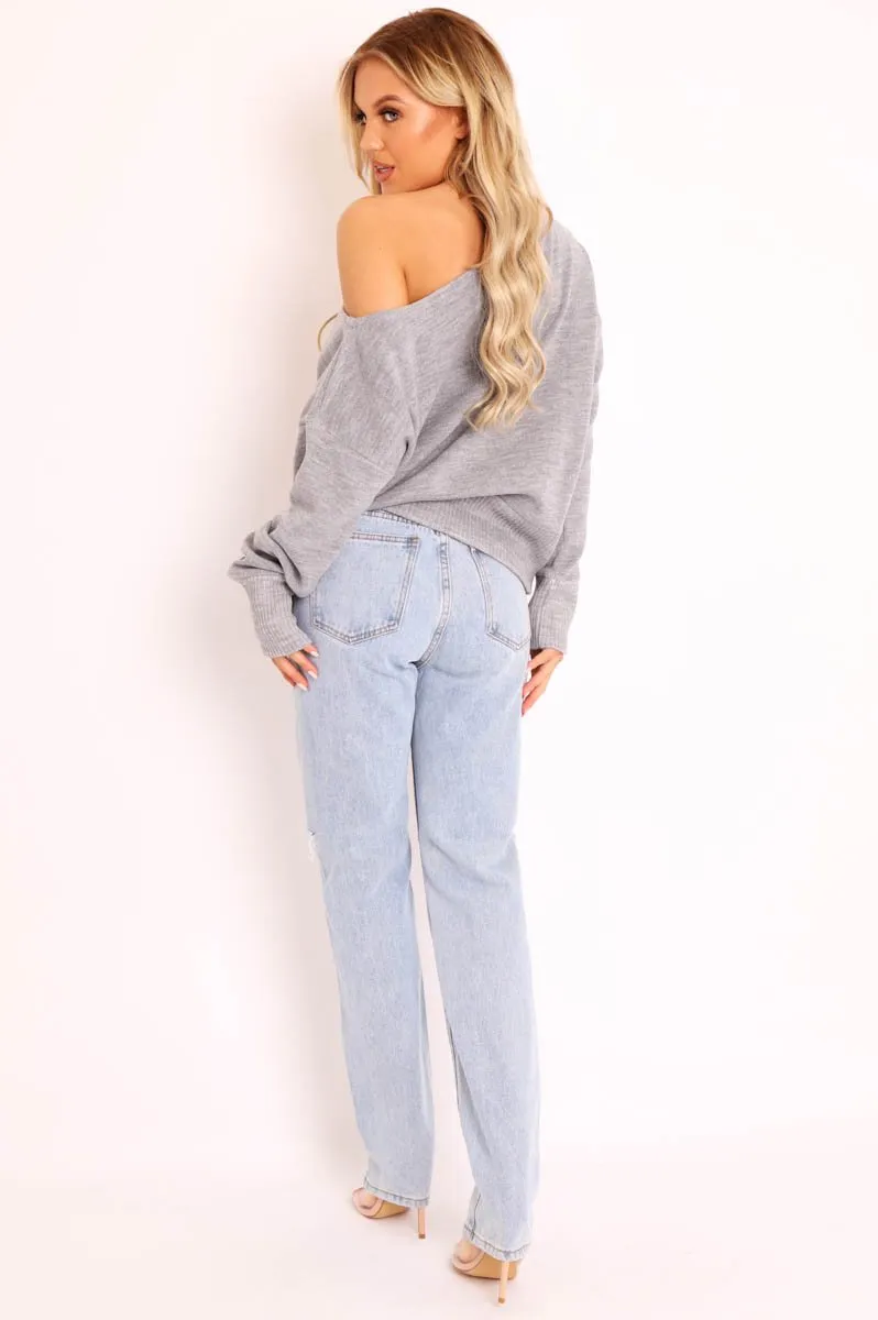 Grey Off Shoulder Knit Jumper - Brithany