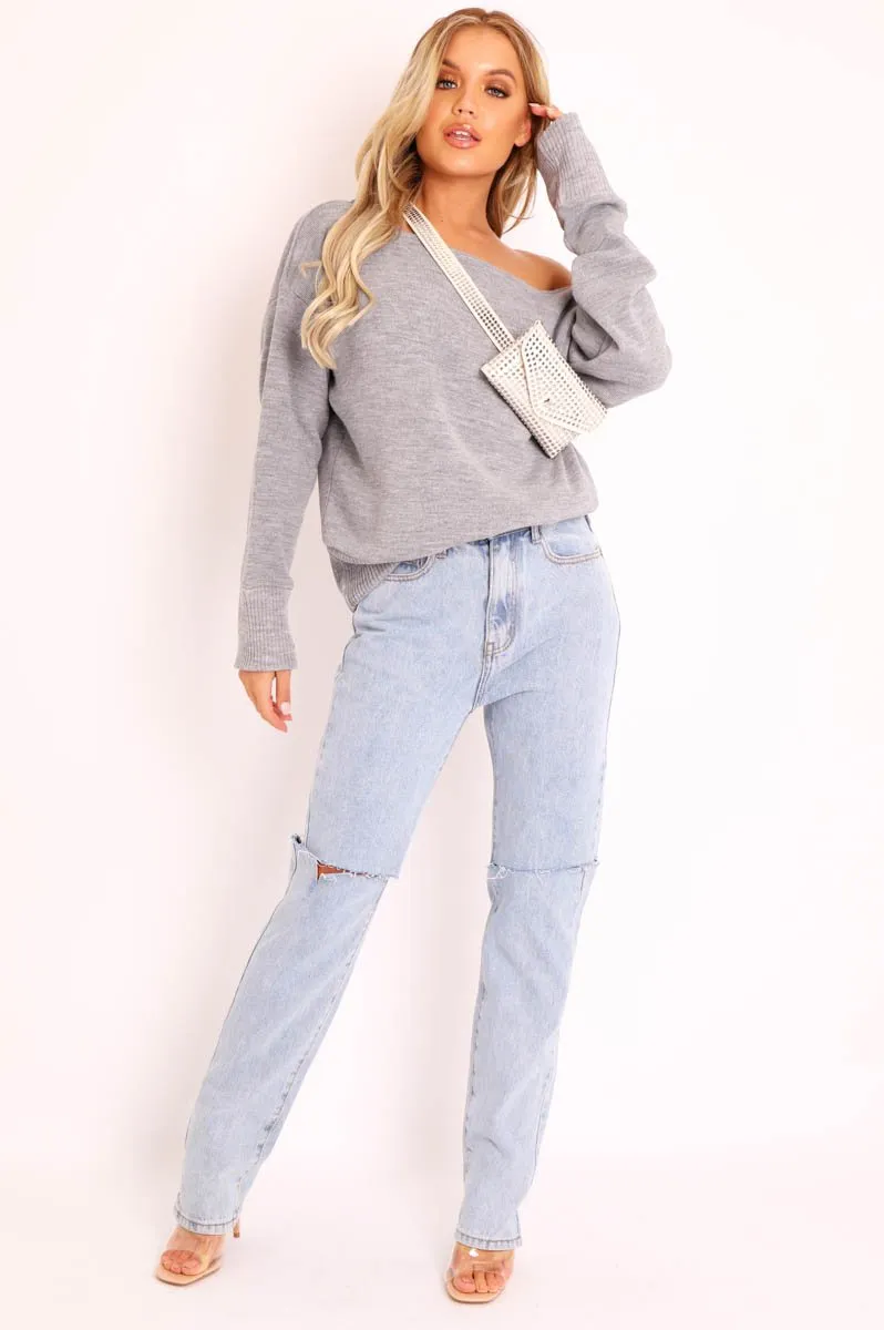 Grey Off Shoulder Knit Jumper - Brithany