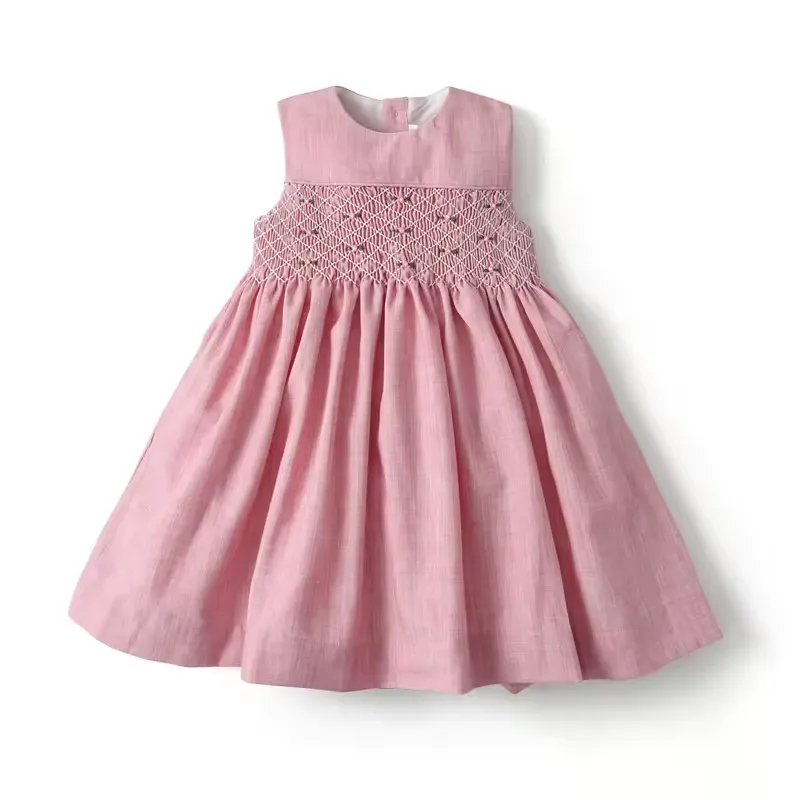 Hand Smocked Pink Baby Girl Dress Sleeveless Tank Top Style