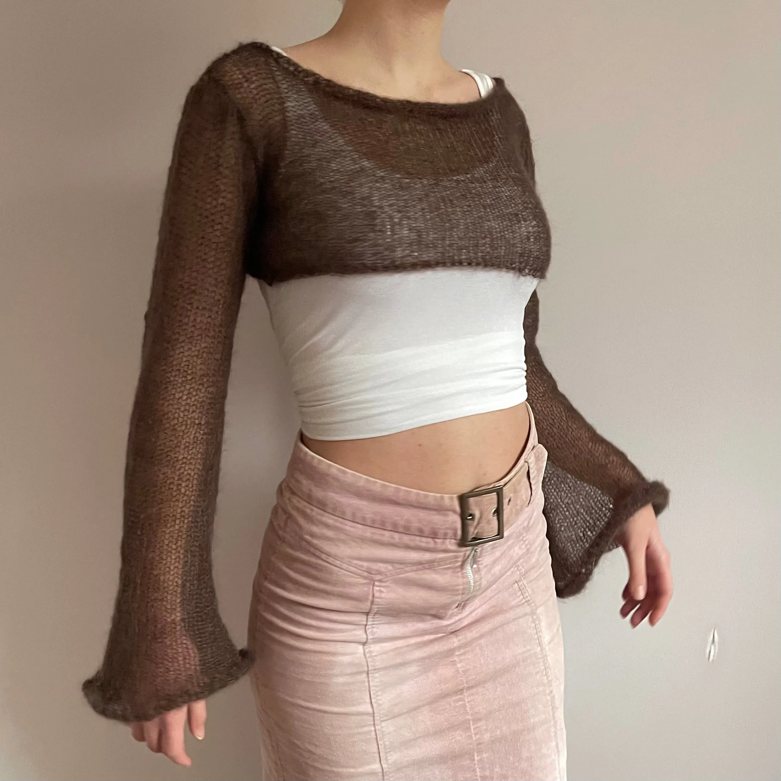 Handmade knitted brown mohair cropped jumper