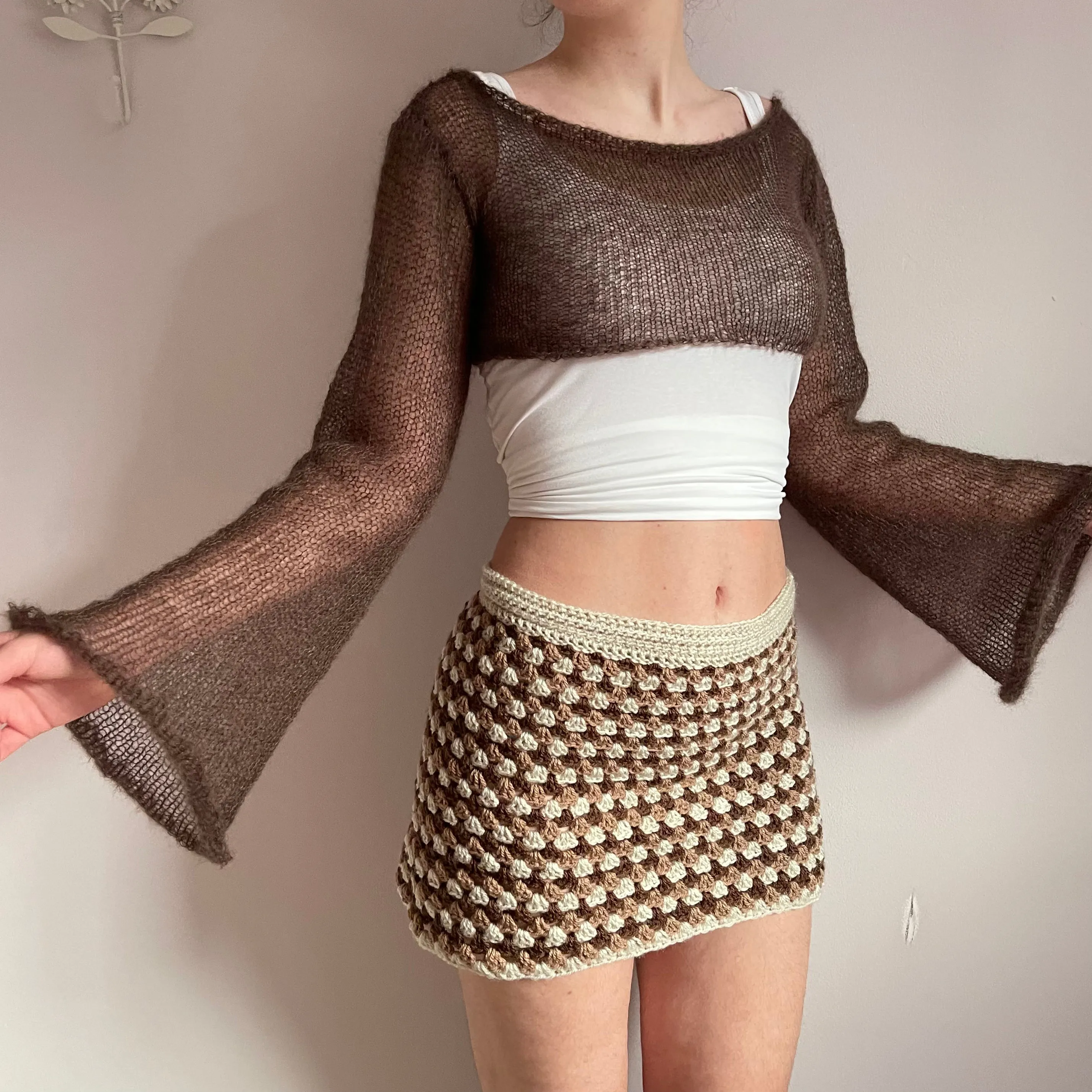 Handmade knitted brown mohair cropped jumper