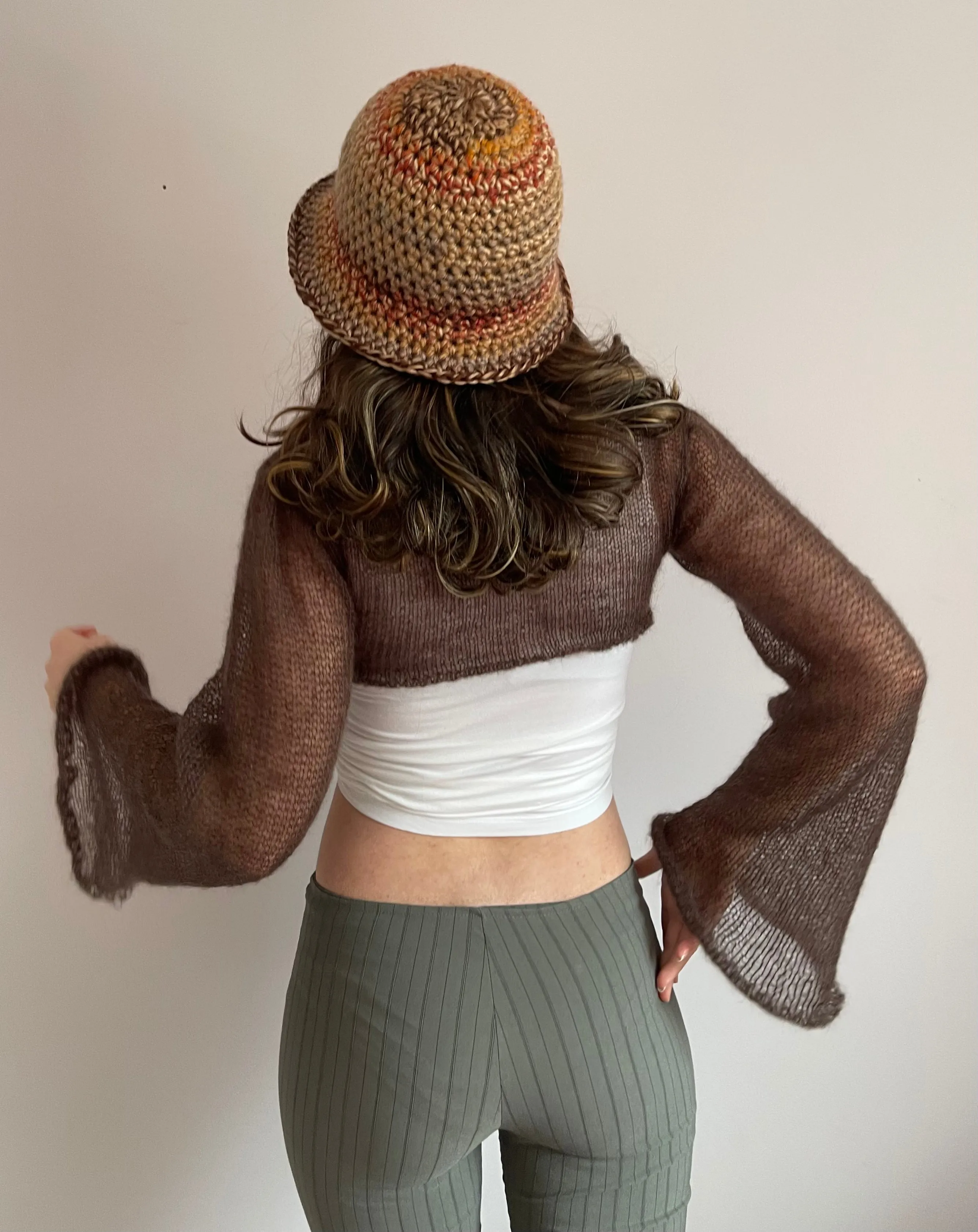 Handmade knitted brown mohair cropped jumper