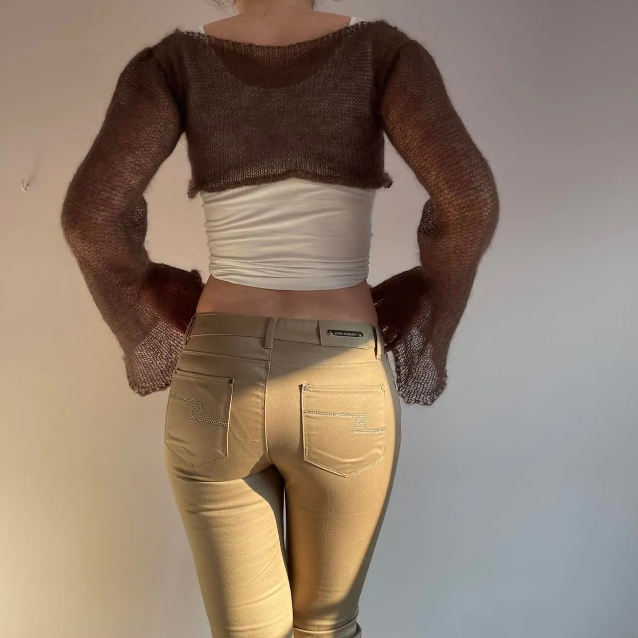 Handmade knitted brown mohair cropped jumper