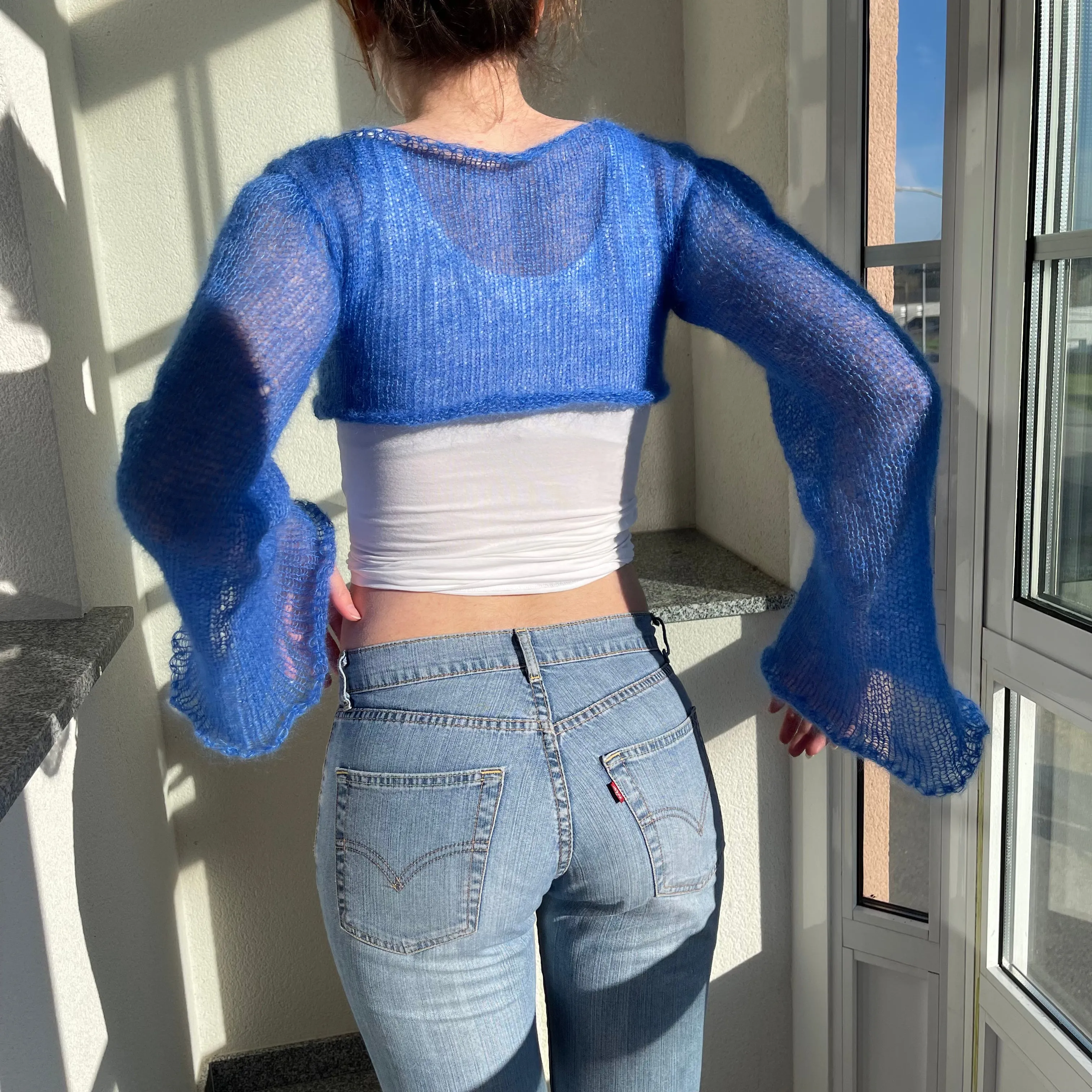 Handmade knitted cobalt blue mohair cropped jumper