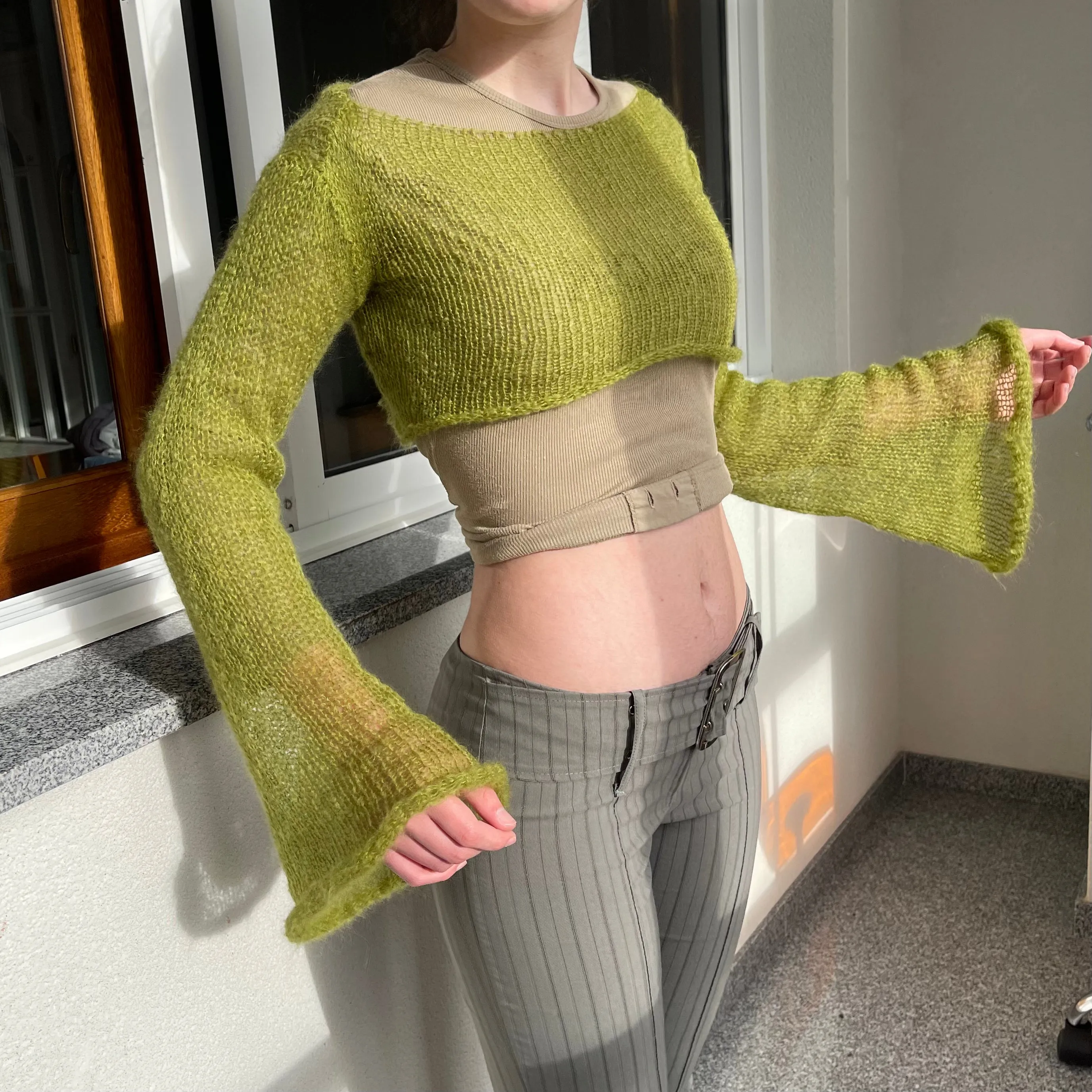 Handmade knitted olive green cropped mohair jumper