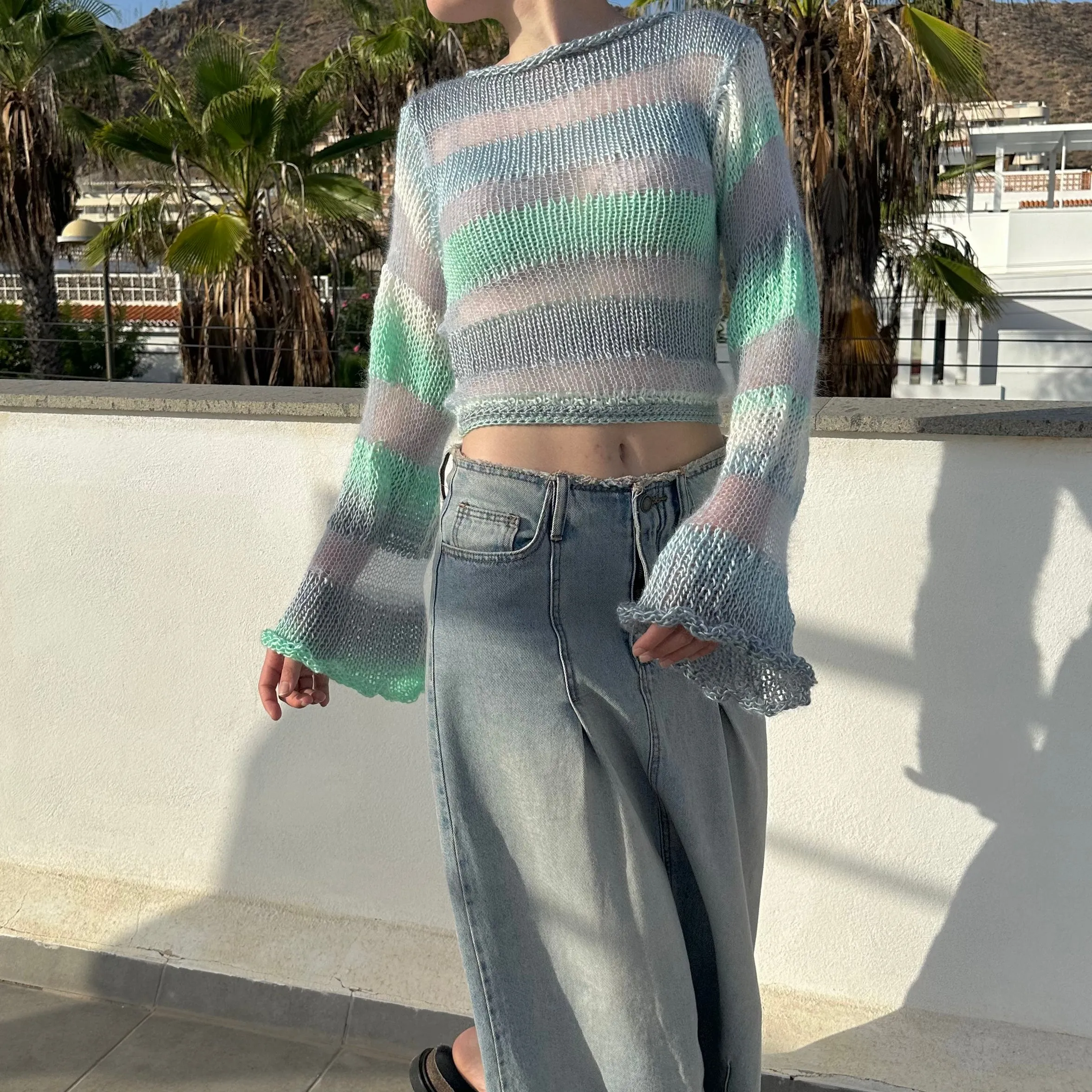 Handmade Sea Breeze striped mohair knitted jumper