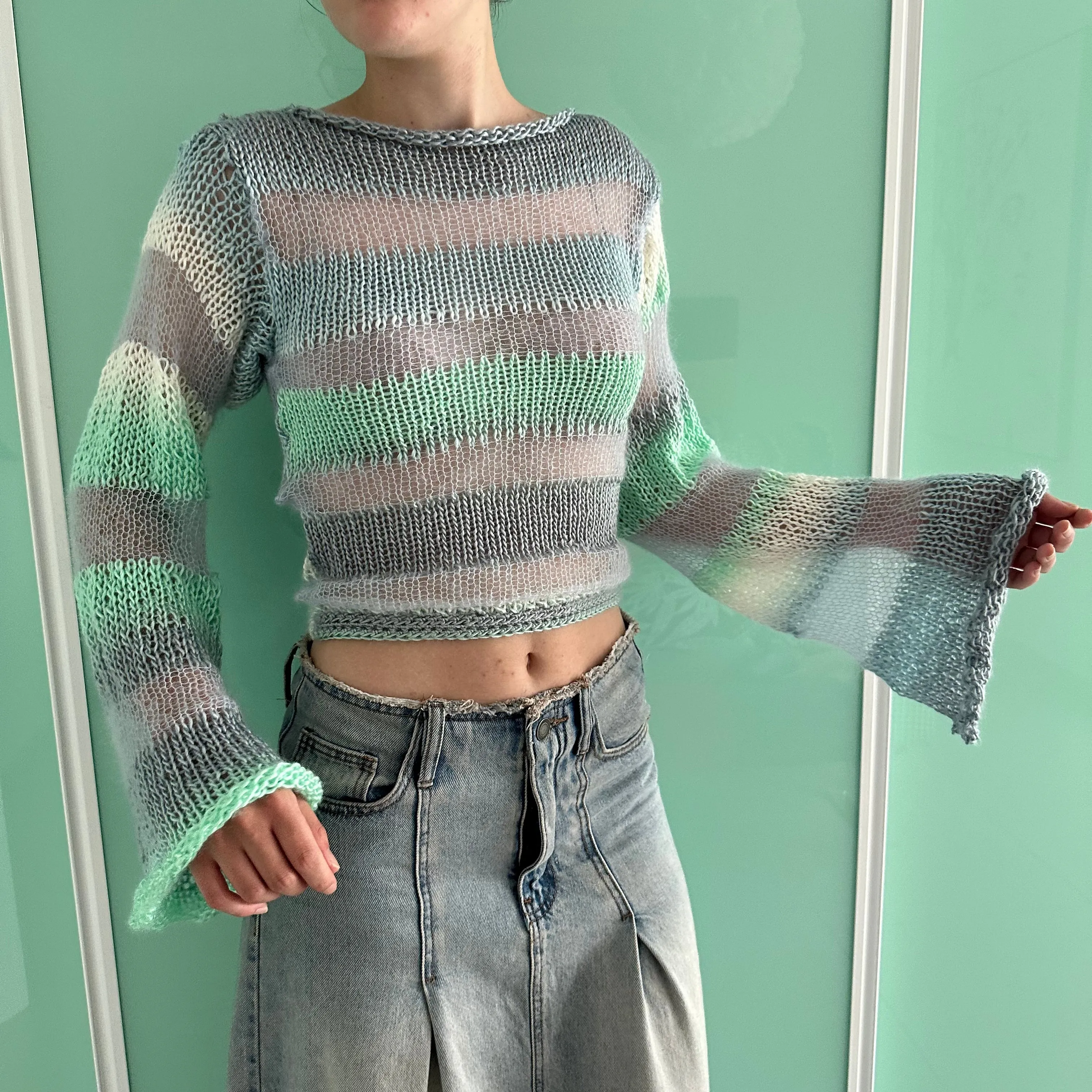 Handmade Sea Breeze striped mohair knitted jumper