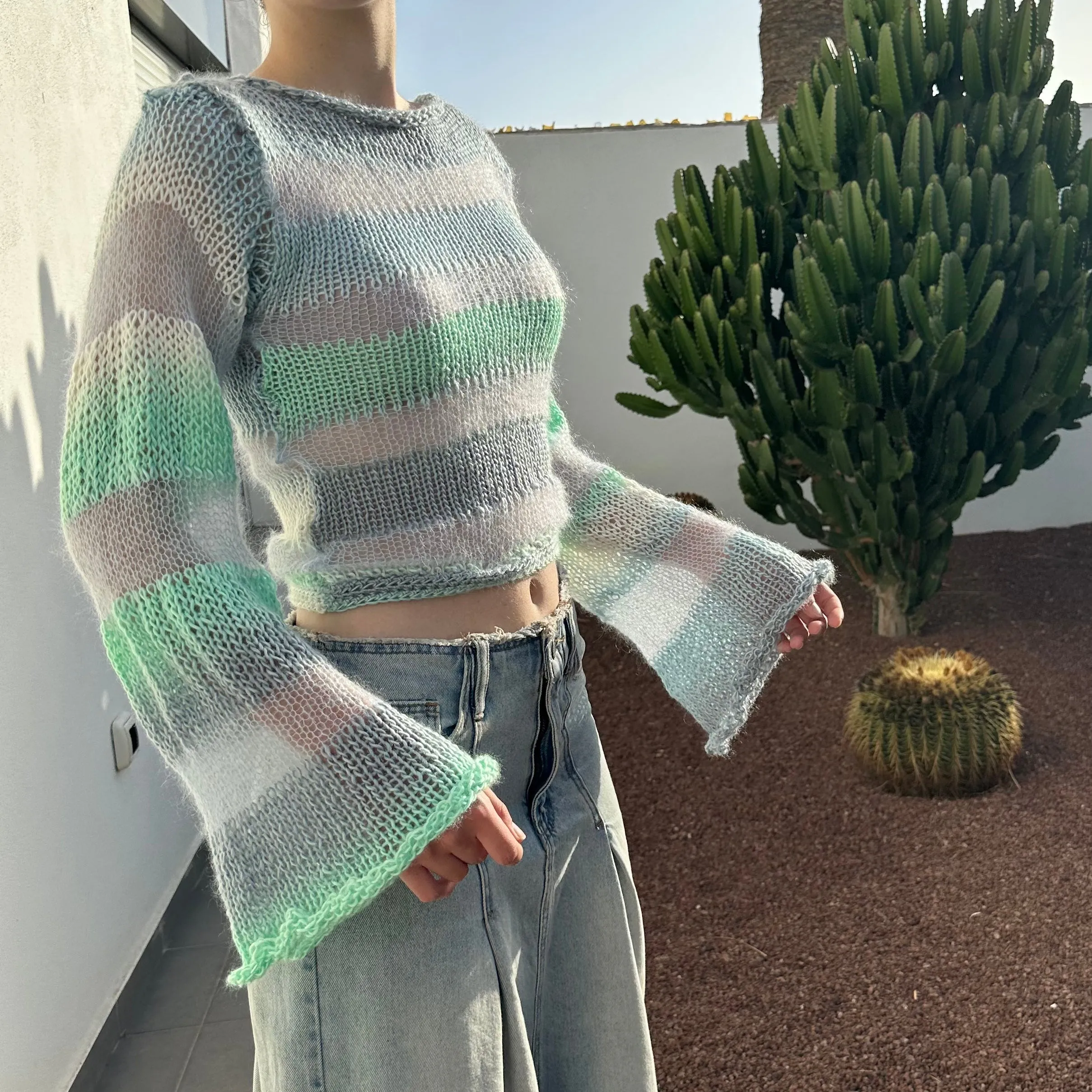 Handmade Sea Breeze striped mohair knitted jumper