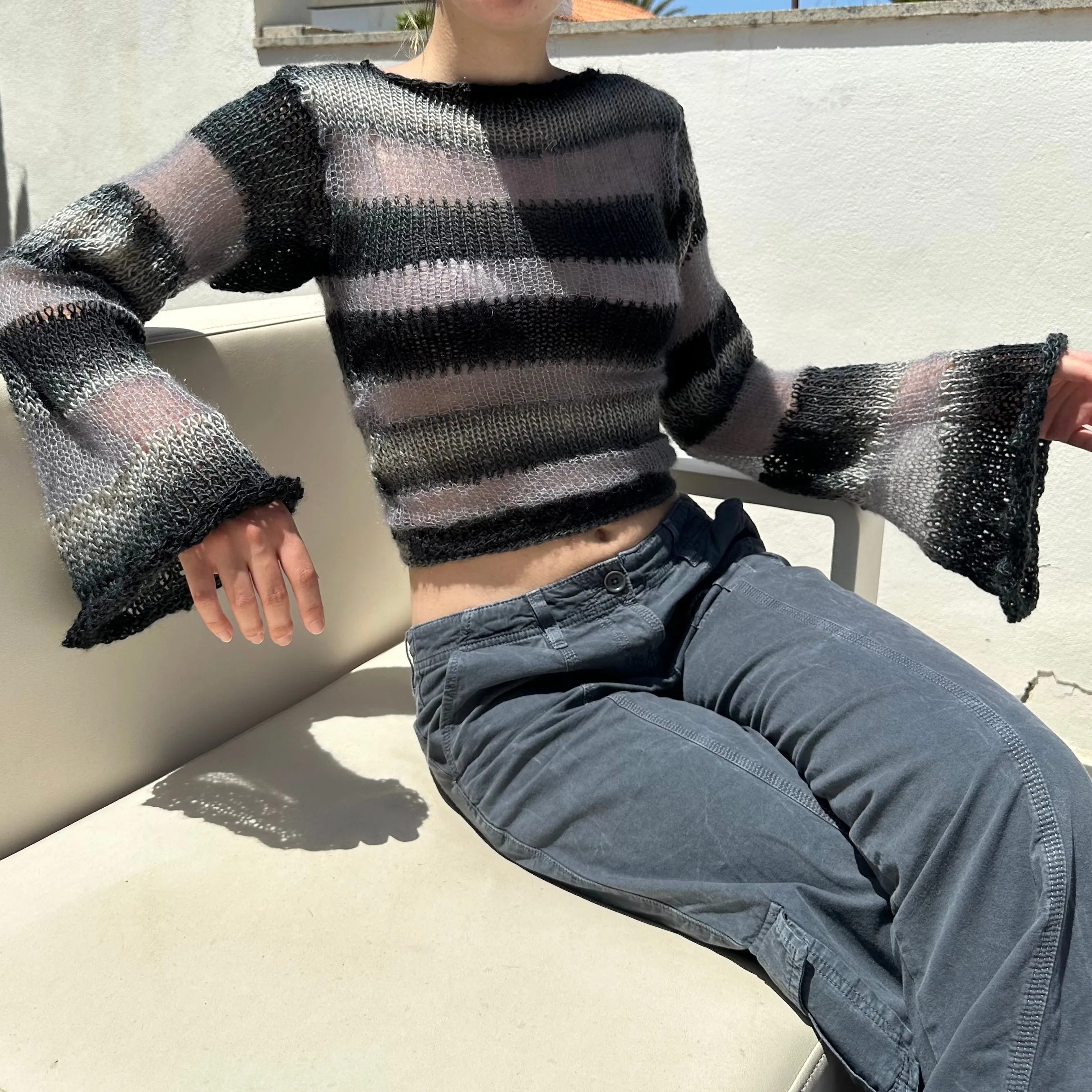 Handmade striped black and grey knitted mohair jumper with flared sleeves