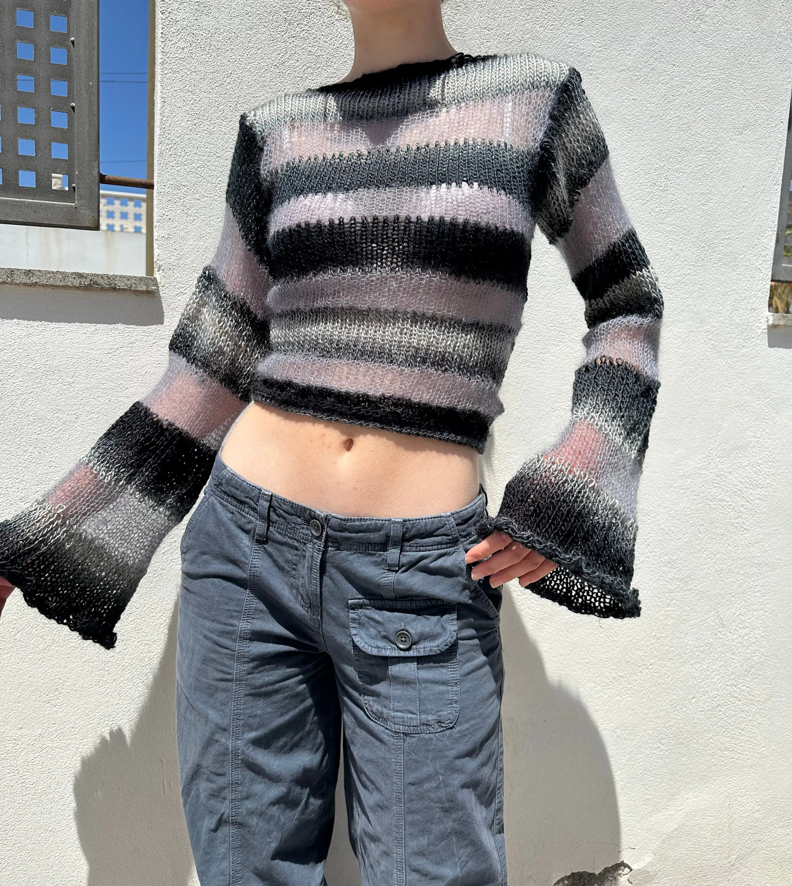 Handmade striped black and grey knitted mohair jumper with flared sleeves