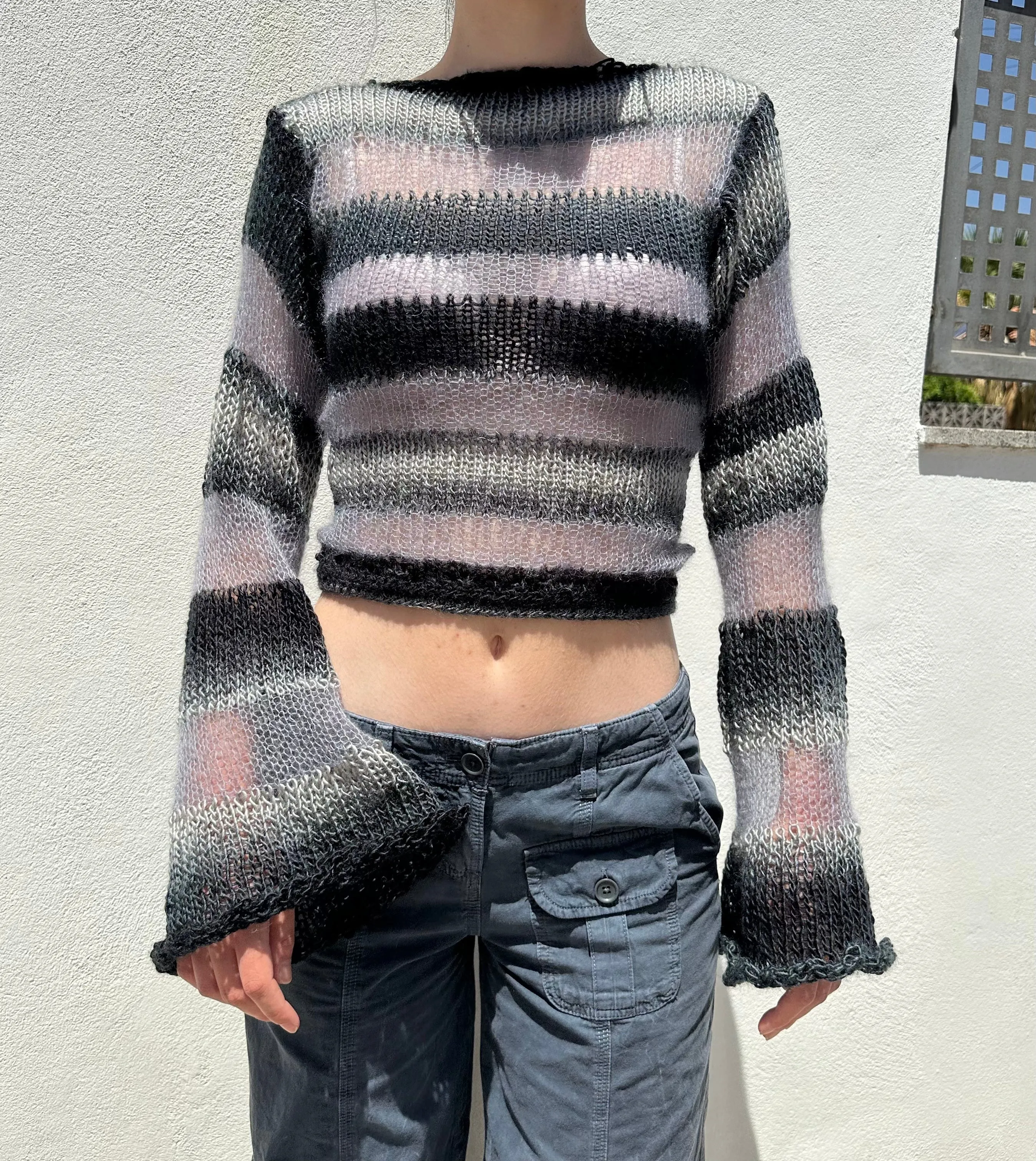 Handmade striped black and grey knitted mohair jumper with flared sleeves