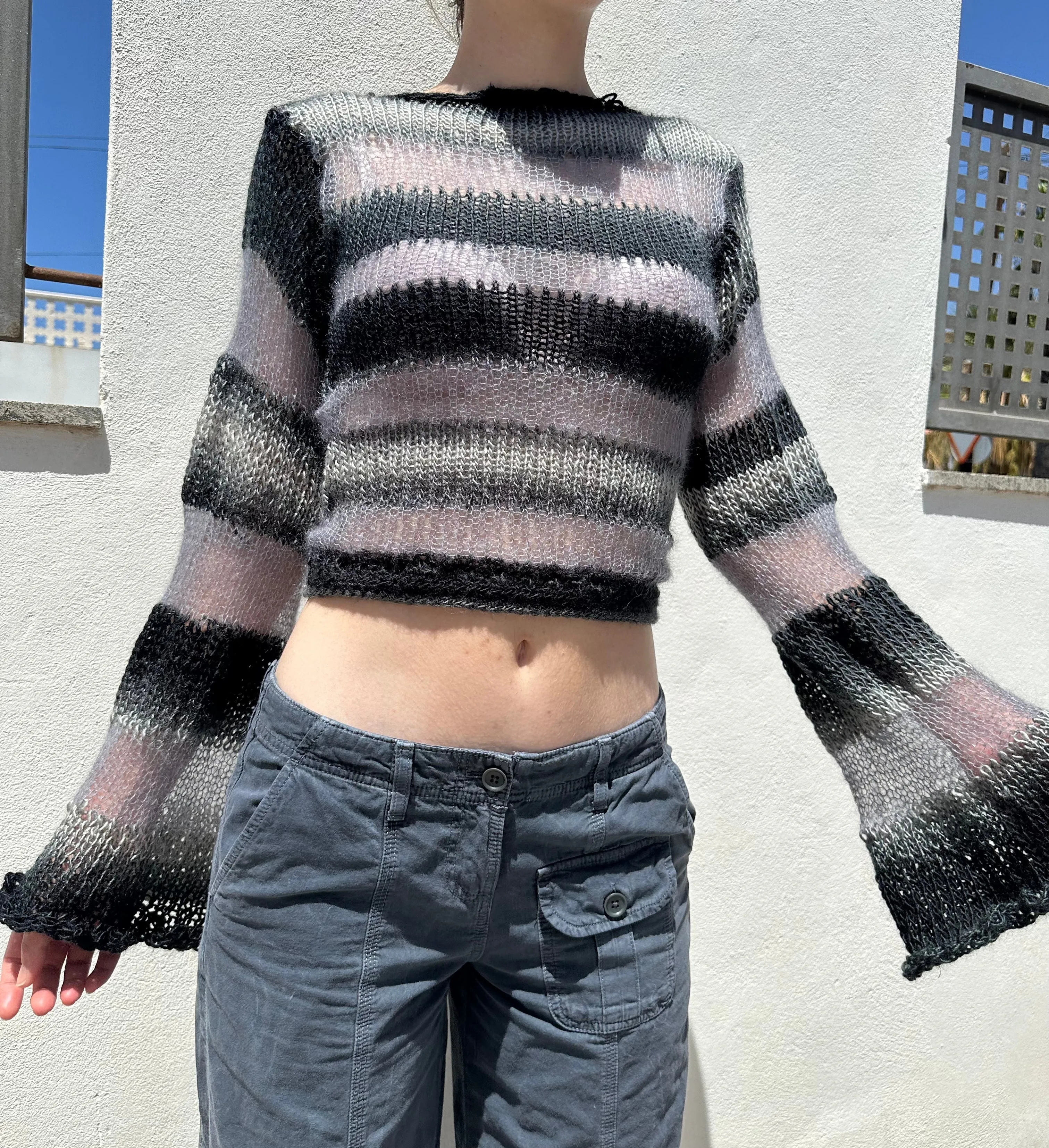 Handmade striped black and grey knitted mohair jumper with flared sleeves