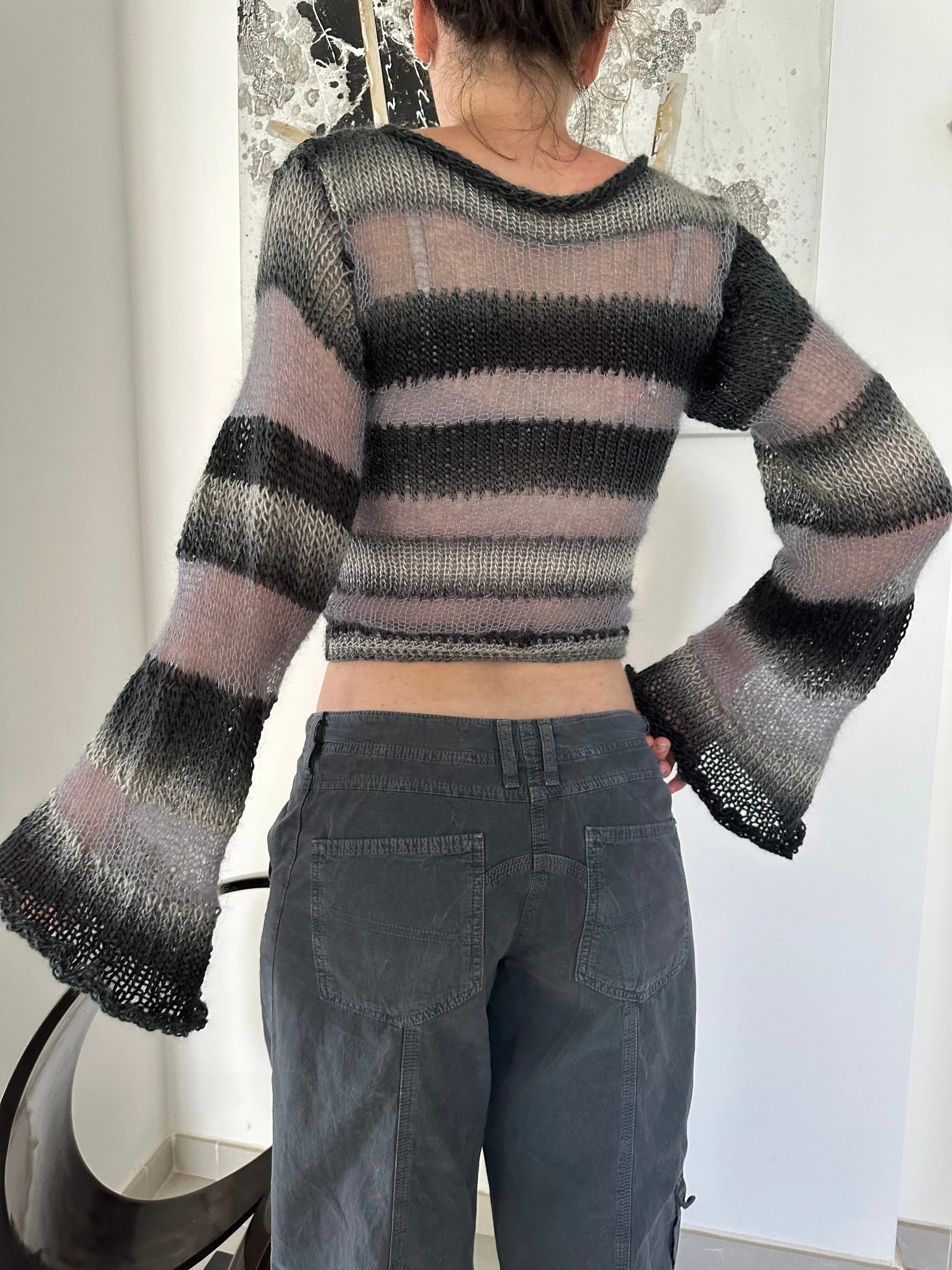 Handmade striped black and grey knitted mohair jumper with flared sleeves