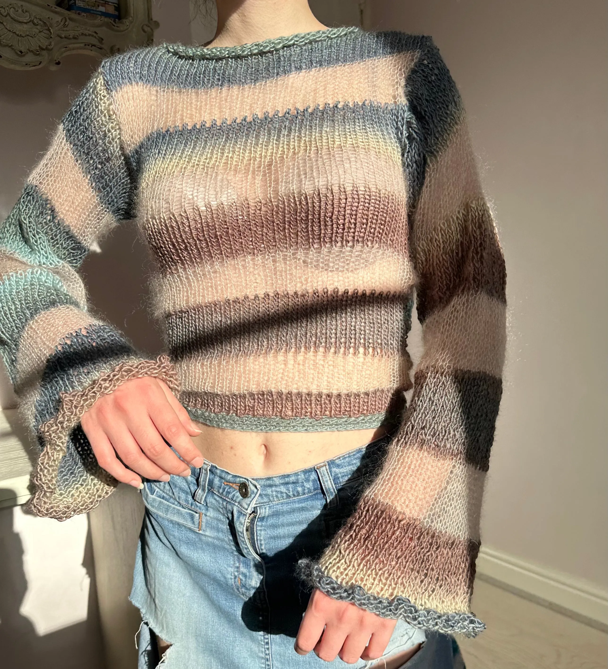 Handmade striped blue, brown and beige knitted mohair jumper with flared sleeves