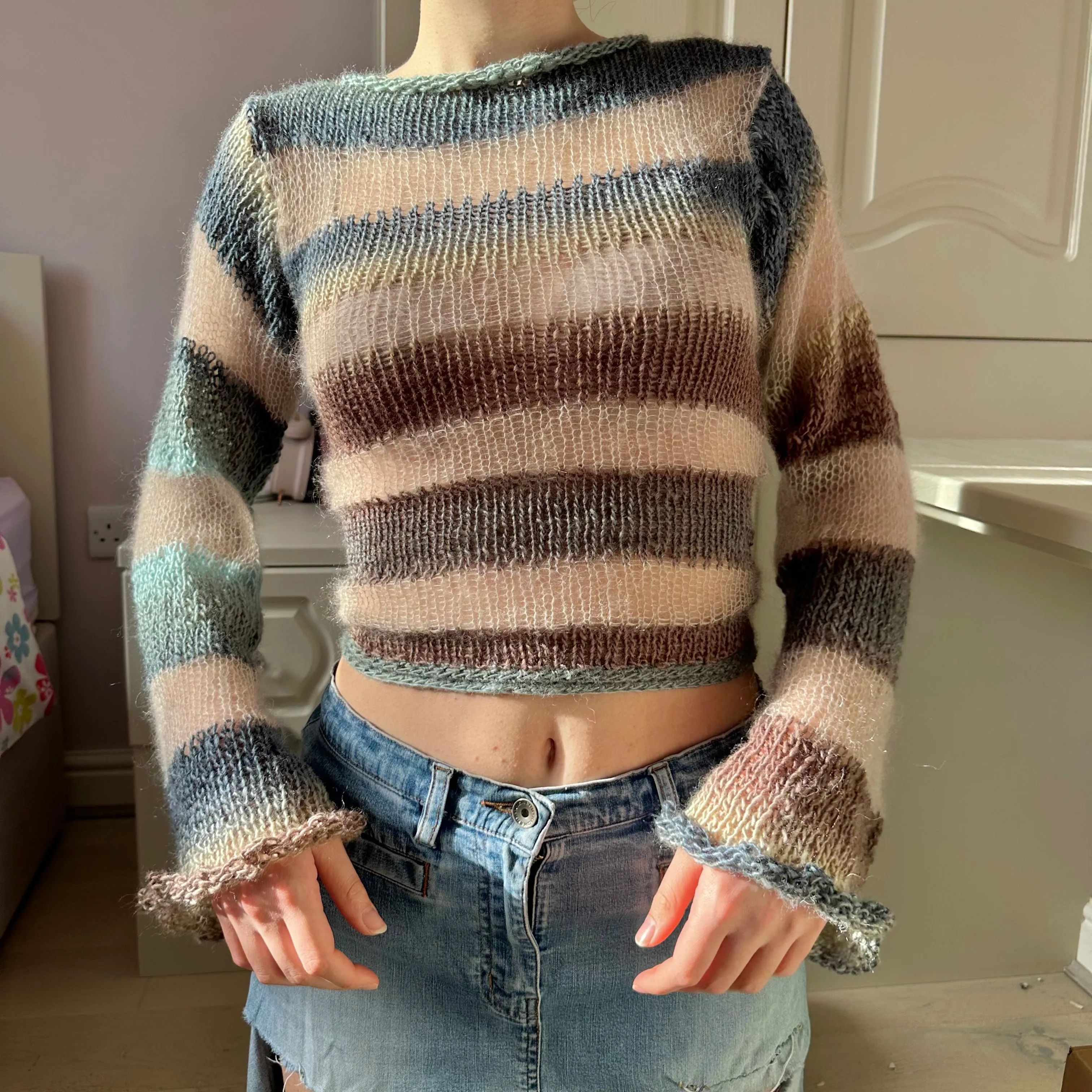 Handmade striped blue, brown and beige knitted mohair jumper with flared sleeves