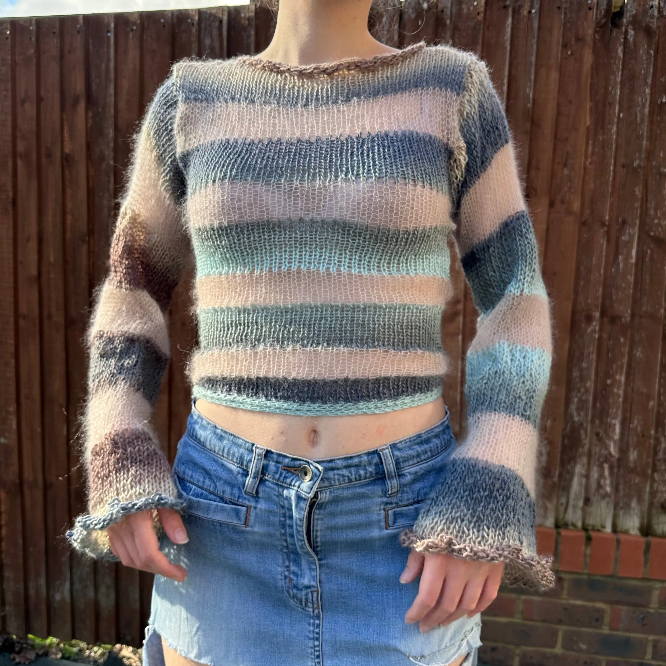 Handmade striped blue, brown and beige knitted mohair jumper with flared sleeves