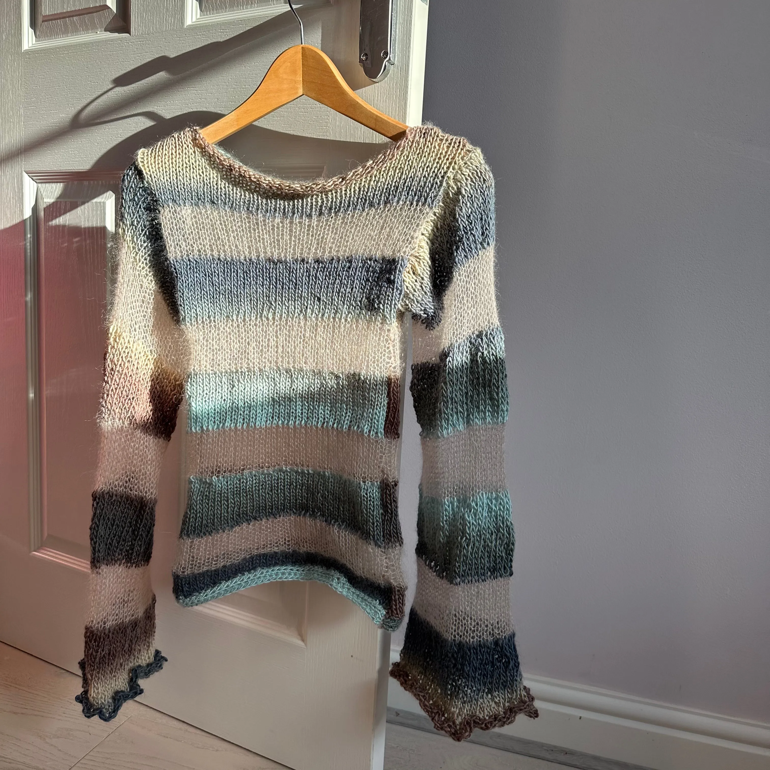 Handmade striped blue, brown and beige knitted mohair jumper with flared sleeves