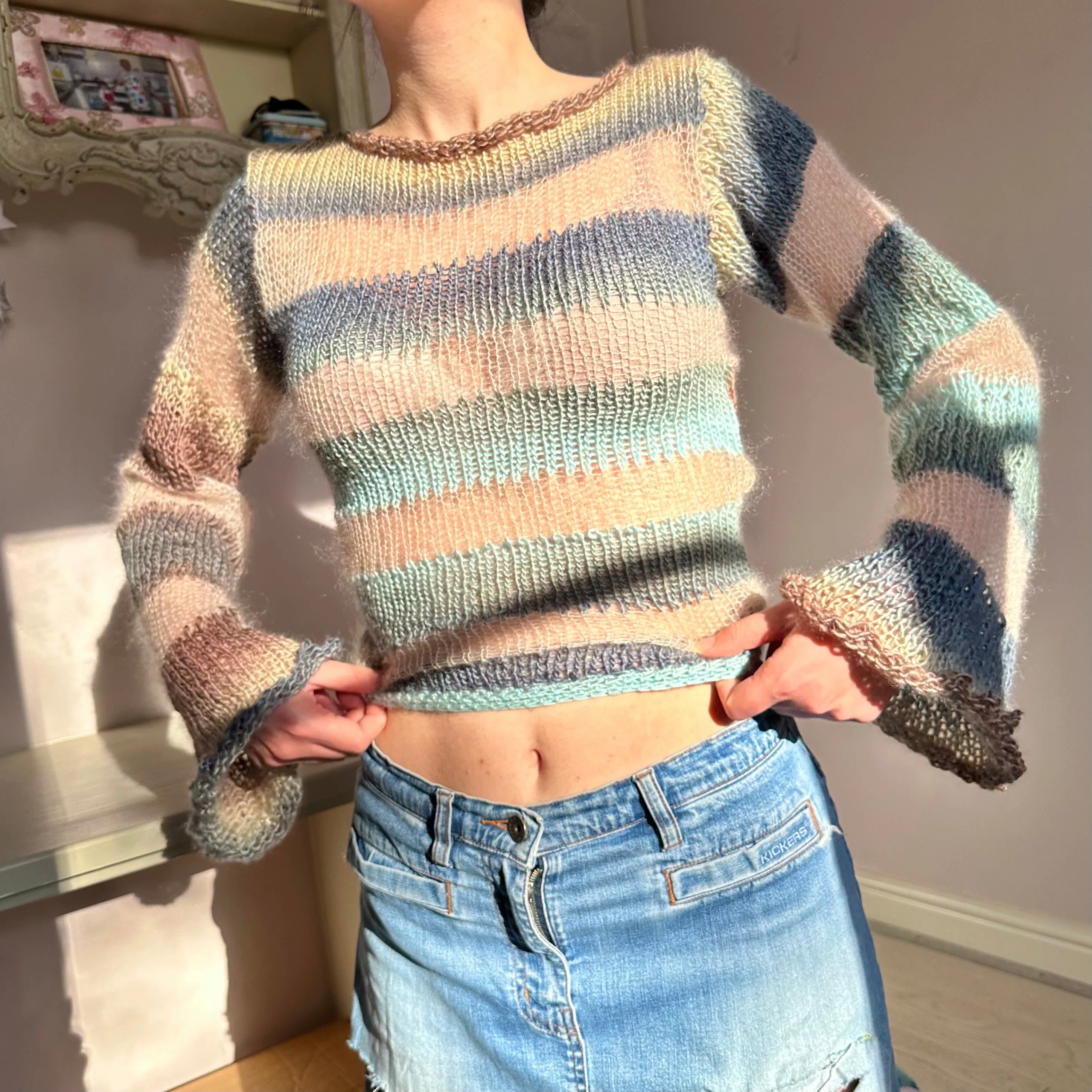 Handmade striped blue, brown and beige knitted mohair jumper with flared sleeves