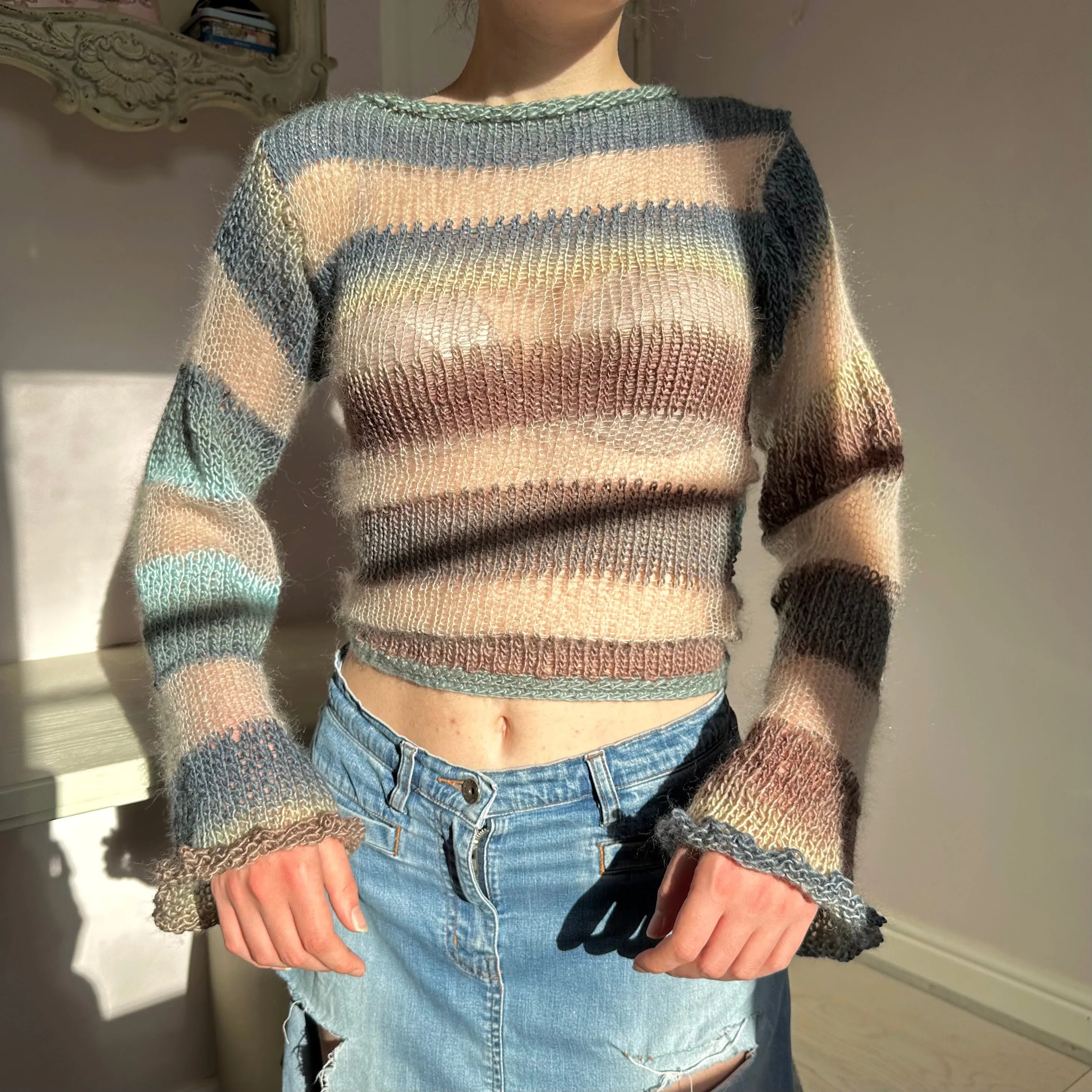 Handmade striped blue, brown and beige knitted mohair jumper with flared sleeves