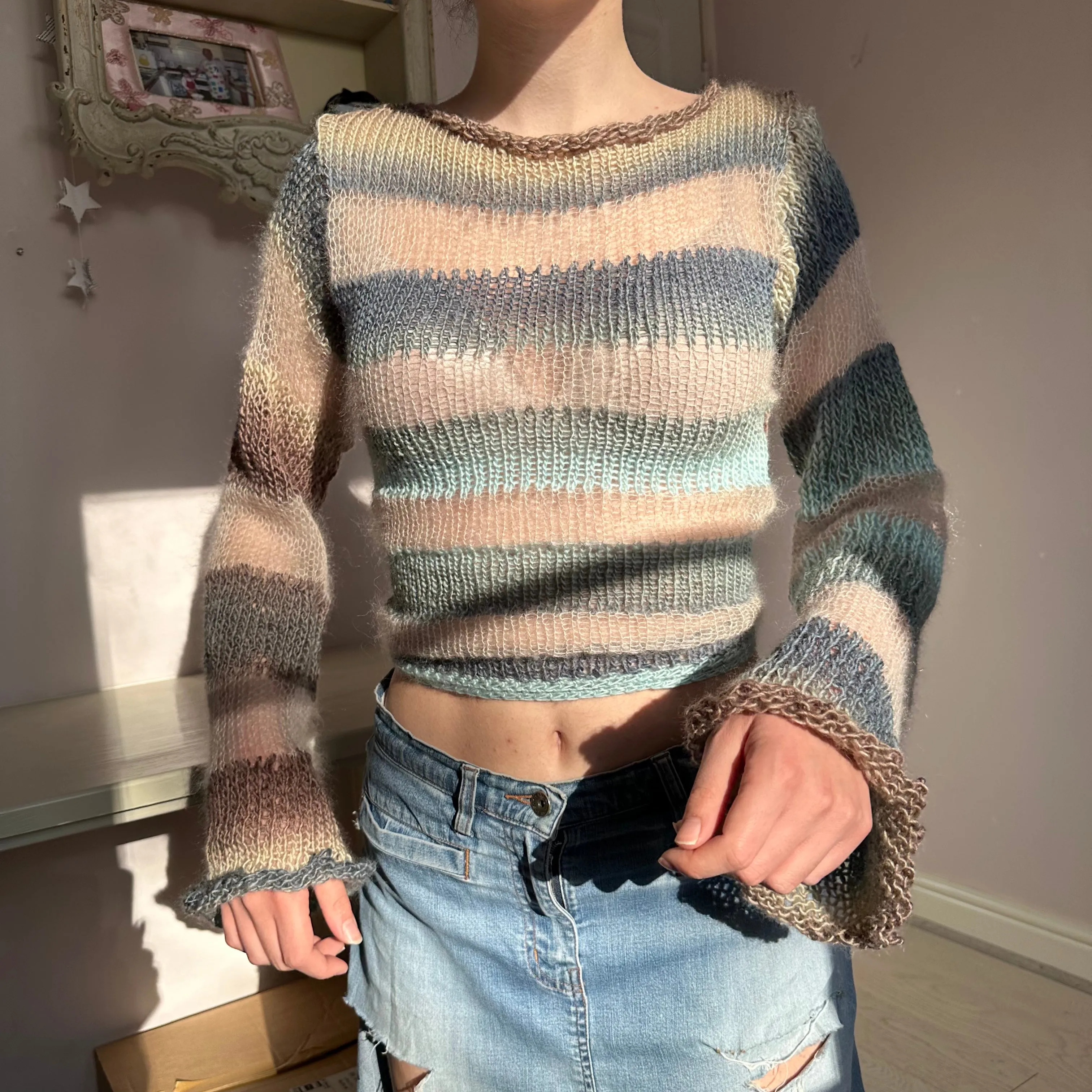 Handmade striped blue, brown and beige knitted mohair jumper with flared sleeves