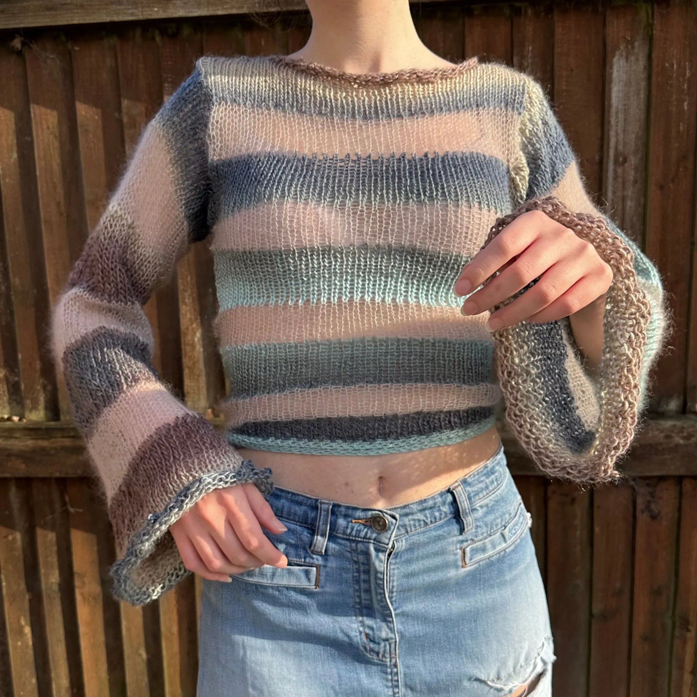 Handmade striped blue, brown and beige knitted mohair jumper with flared sleeves