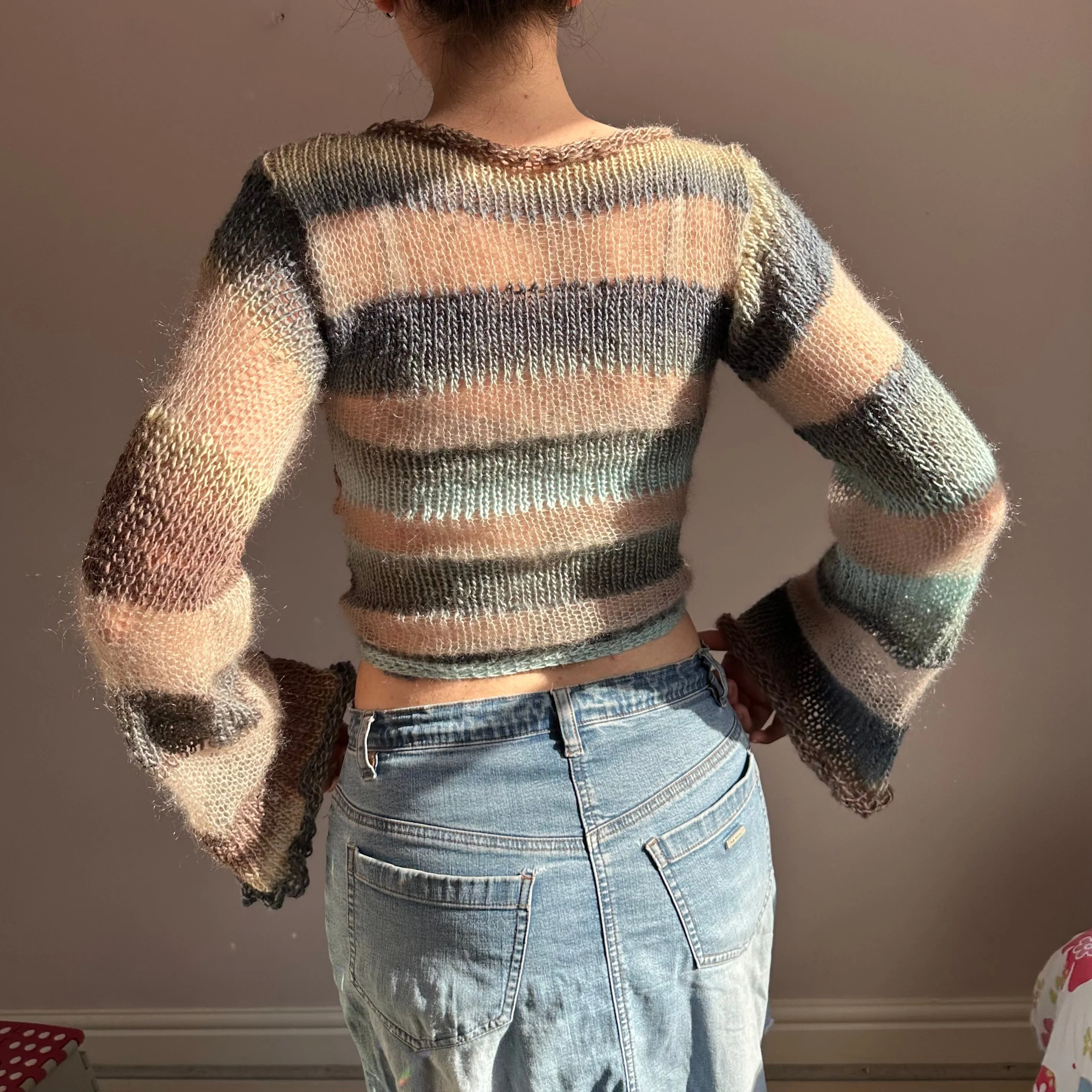 Handmade striped blue, brown and beige knitted mohair jumper with flared sleeves